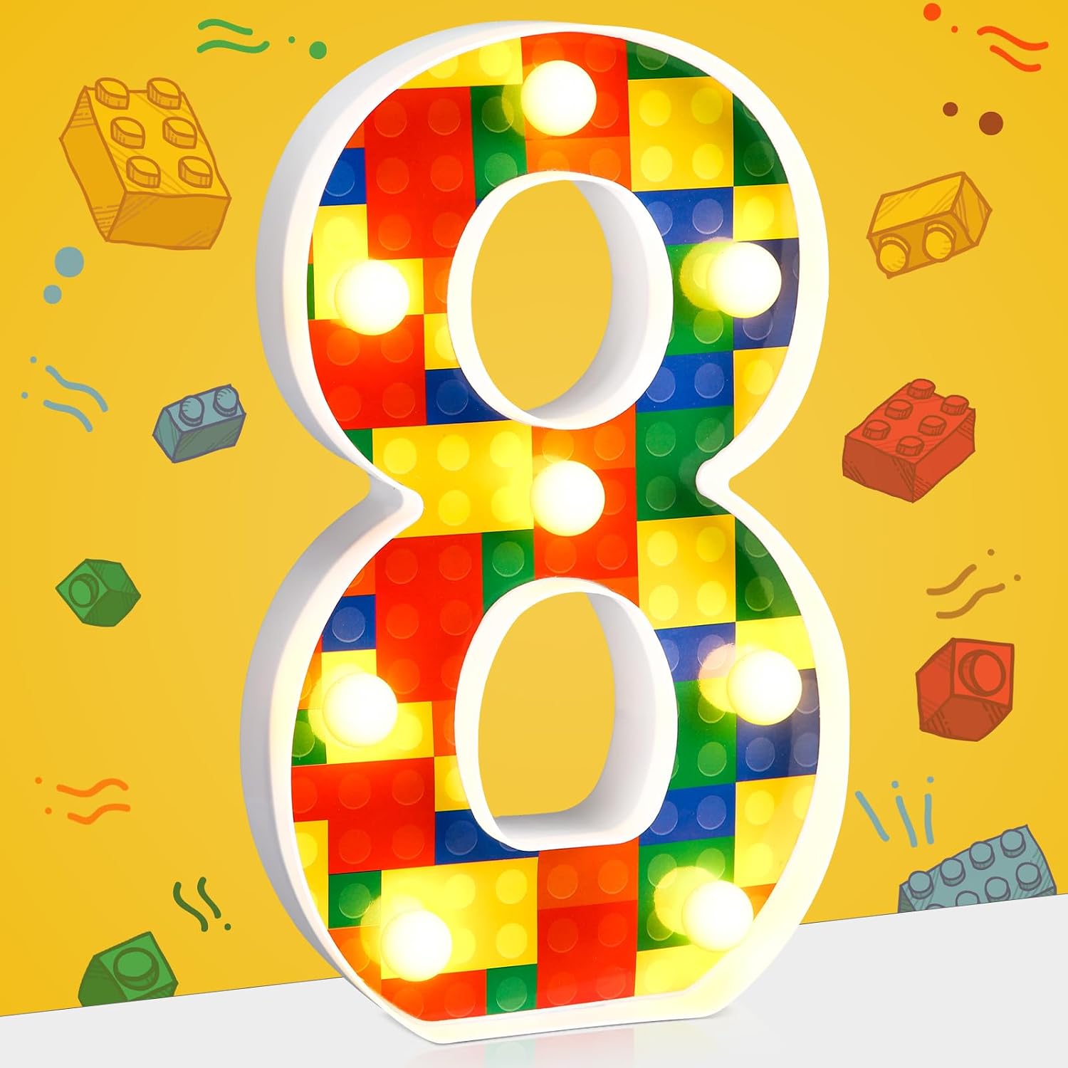 Baquler Building Block Light up Number Birthday Decoration Sign Marquee LED Numbers for Party Lighted Building Block Theme Birthday Party Supplies 8.58''(Number 8)