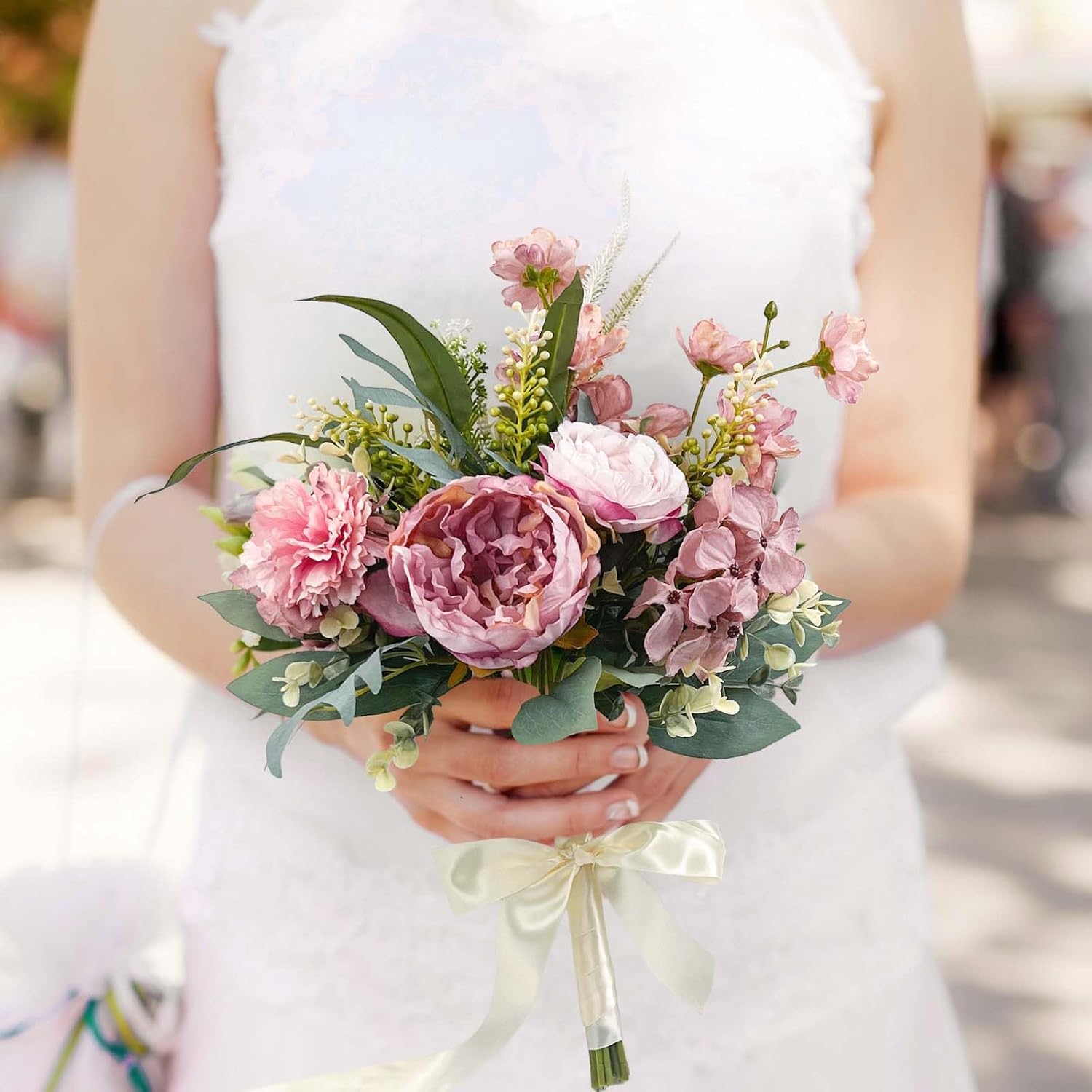 Daily Treasures Fake Artificial Flowers Bouquet for Decoration, Silk Fake Flower Arrangements Wedding Bouquets, Hydrangeas, Peonies and Allium Flowers for Home Kitchen Garden Wedding Party(Pink)