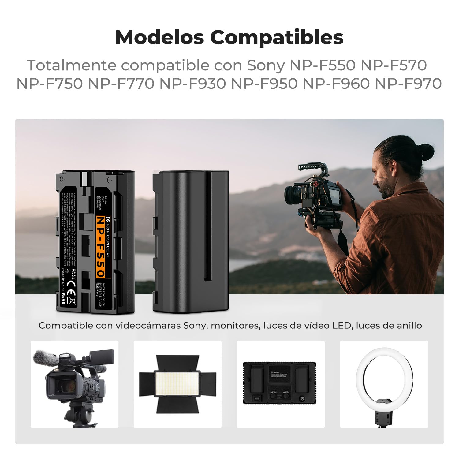K&F CONCEPT NP-F550 Kit Cargador de Batería LED 2600mAh Compatible con Sony NP-F550 F570 F750 F770 F930 F950 F970 para Luces LED/Monitor/Cursor de Cámara