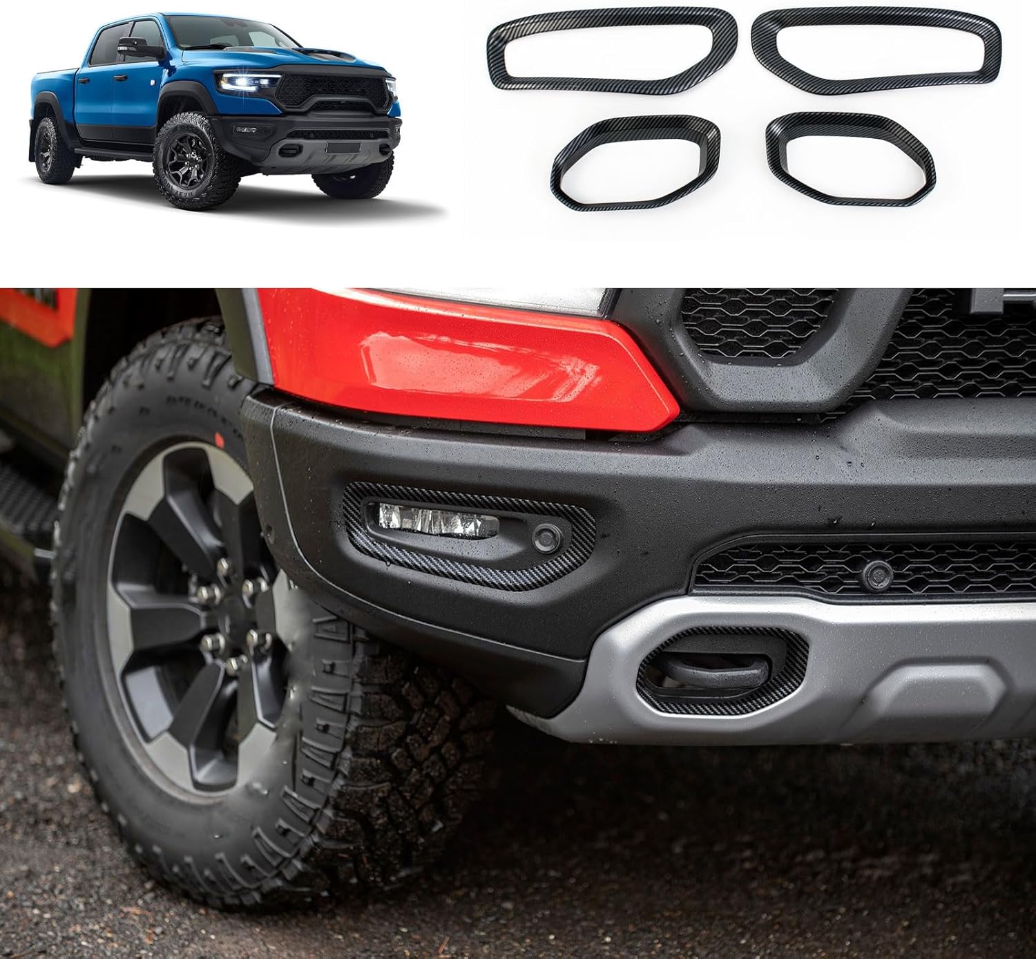 Exterior Front Fog Lights Covers Compatible with Dodge Ram 1500 2023 2024 Fog Lamp Frame Trim Replacement Car Accessories ABS 4PCS(Red)