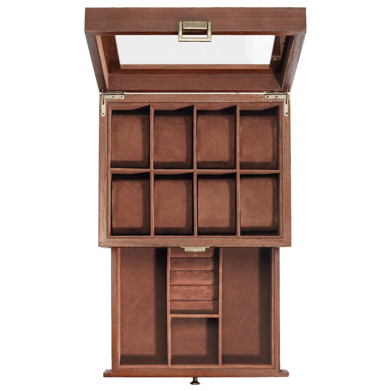 ProCase Caja de Relojes de Madera con 8 Compartimentos, Caja de Almacenaje para Relojes con Cajón, Caja de 2 Niveles para Relojes, Caja Regalo para Hombre y Mujer - 8 Ranuras,Madera
