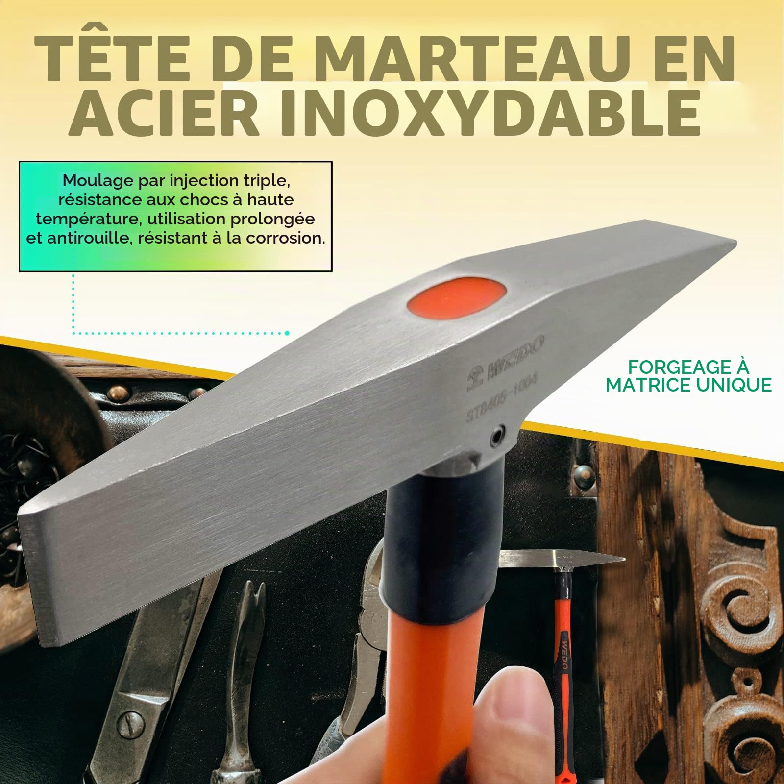 WEDO Marteau de soudeur pour professionnels - 150g,Marteau à piquer en acier inoxydable,Résistant à la Rouille,Manche en fibre de verre