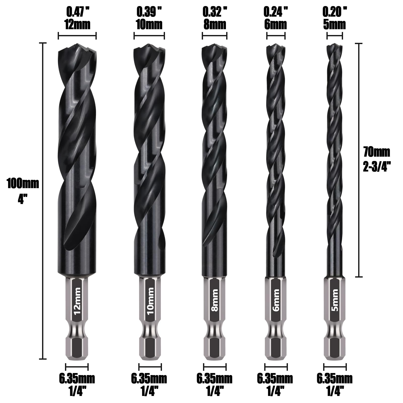Vearter 5PCS Drill Bit Sets 5/6/8/10/12mm, HSS M2 Metal Drill Bits with Hex Shank Quick Change - Image 4