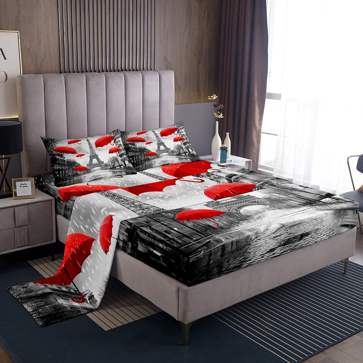 jejeloiu Eiffel Tower Bed Sheets Set Full Size Boys Girls Paris Fitted Sheet for Kids Valentines Bedding Set Trip Design Grey Red Room Decor Soft