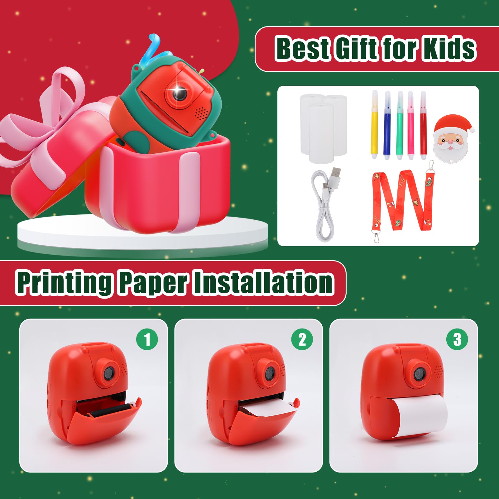 Macchina fotografica di stampa istantanea per i bambini, 24MP & 1080P bambini fotocamera digitale, Natale regalo di compleanno per la ragazza ragazzo età 3-12, stampa foto in bianco e nero (Natale)