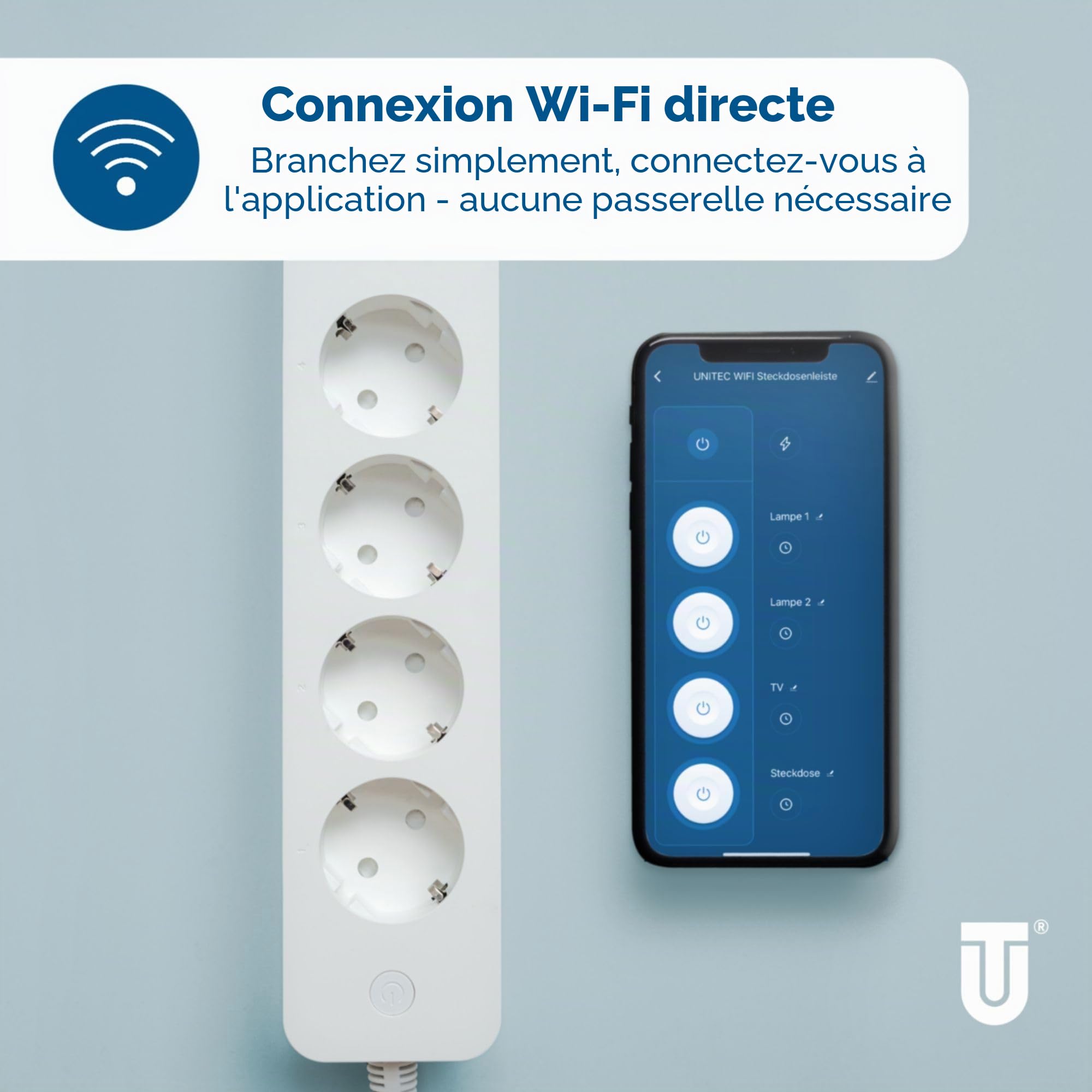 UNITEC 30798 Multiprise Wi-Fi 4 x 2 | Prise intelligente Wi-Fi avec minuterie | Mesure des coûts d'énergie | Commande vocale et application | Avec 2 sorties USB