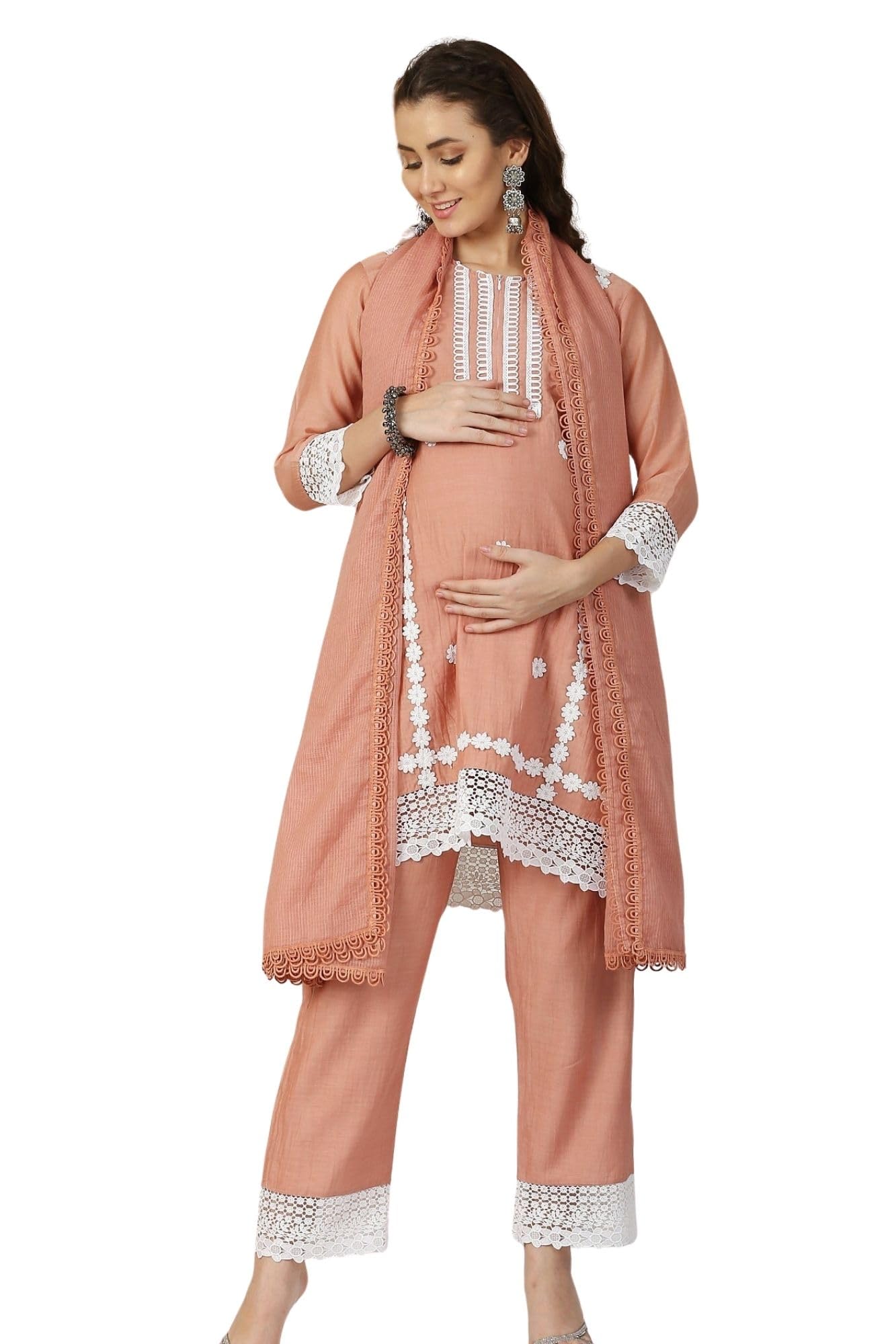 Luxe Fawn Chanderi Maternity & Nursing Kurta Set with Bottom & Dupatta, 3 Piece Ethnic Feeding Suit-image-44