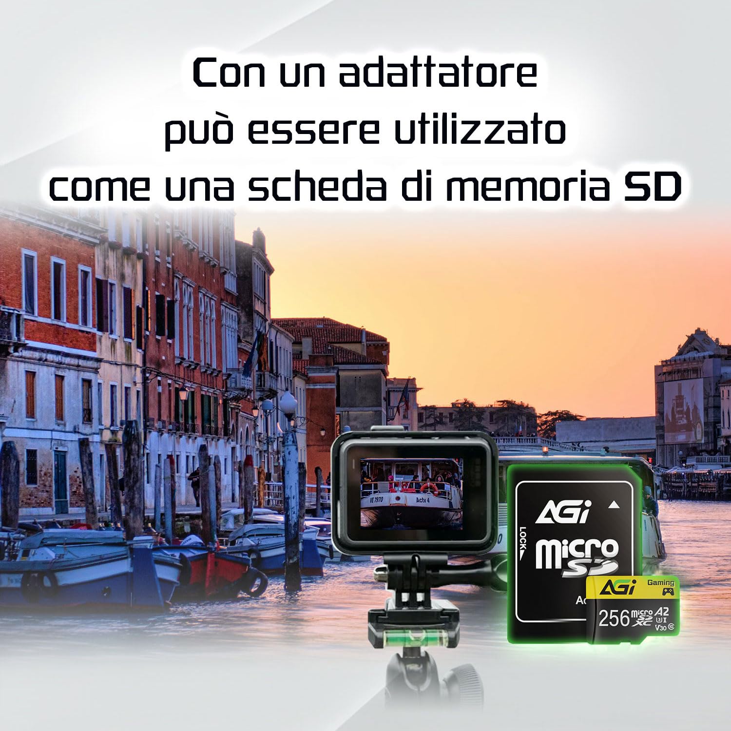 AGI TF138 256GB Scheda Micro SD con Adattatore SD Card MicroSDXC | Specifiche professionali A2, U3, V30. Velocità di lettura 98 MB/s per drone, dashcam, fotocamera e console Switch