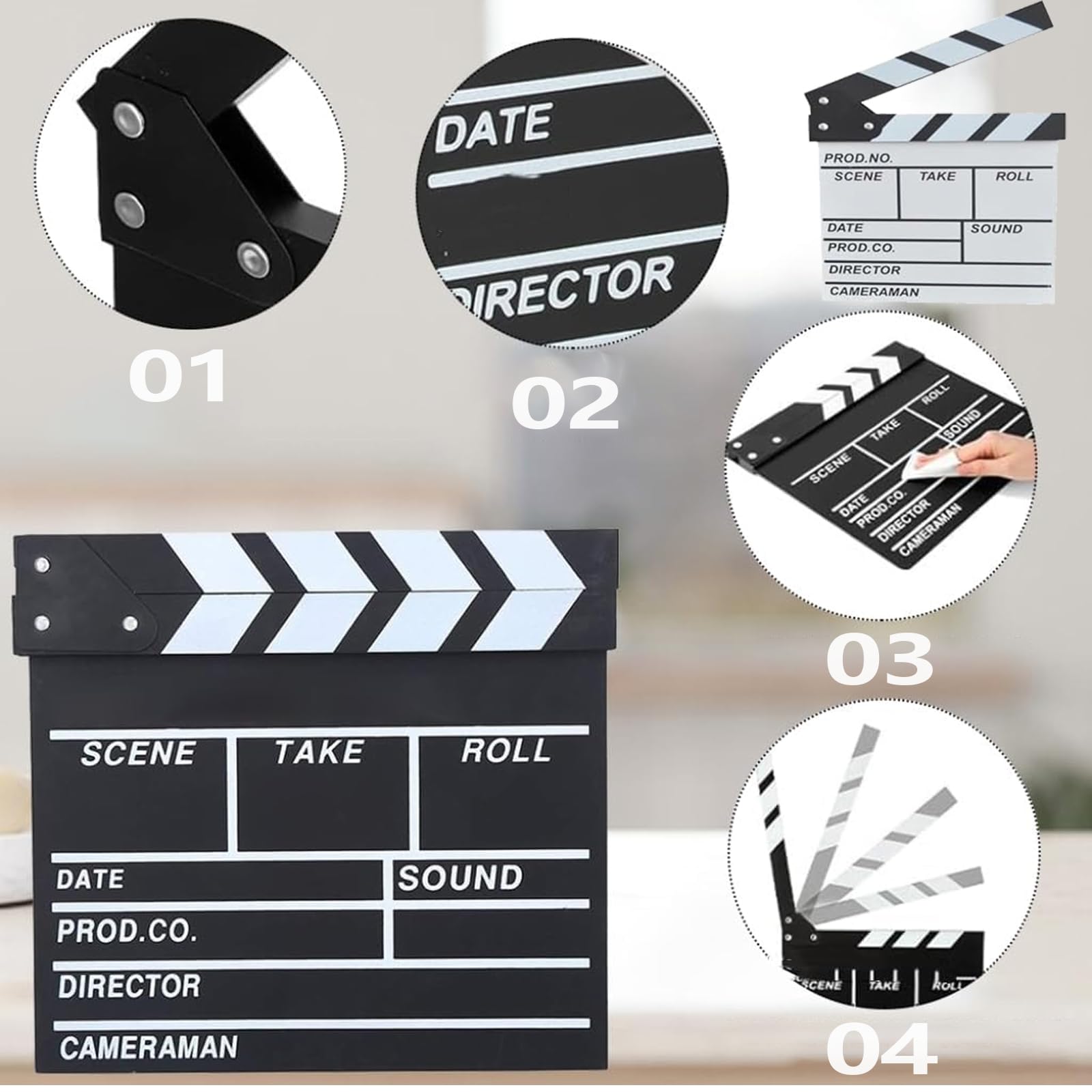 Lot de 2 trappes de Film de scène 7,8" x 7,8" - Clapet de réalisateur en Bois - Accessoires de cinéma - pour Accessoires de Photographie, séries télévisées, Spots publicitaires, décoration