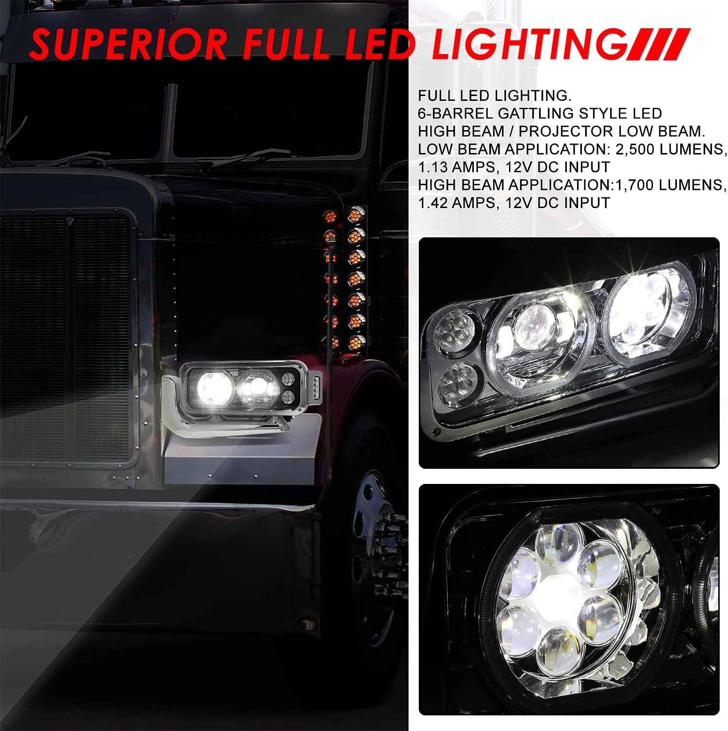 Auto Dynasty LED Halo Rings DRL Turn Signal Dual Projector Headlight Compatible with Peterbilt 359 379 389 81-21, Driver and Passenger Side, Chrome Housing