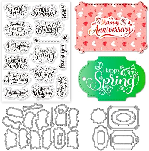 INFUNLY Juego de 3 sellos y troqueles para hacer tarjetas, bendición, palabras, troqueles y sellos, diseño de feliz primavera, sellos transparentes,