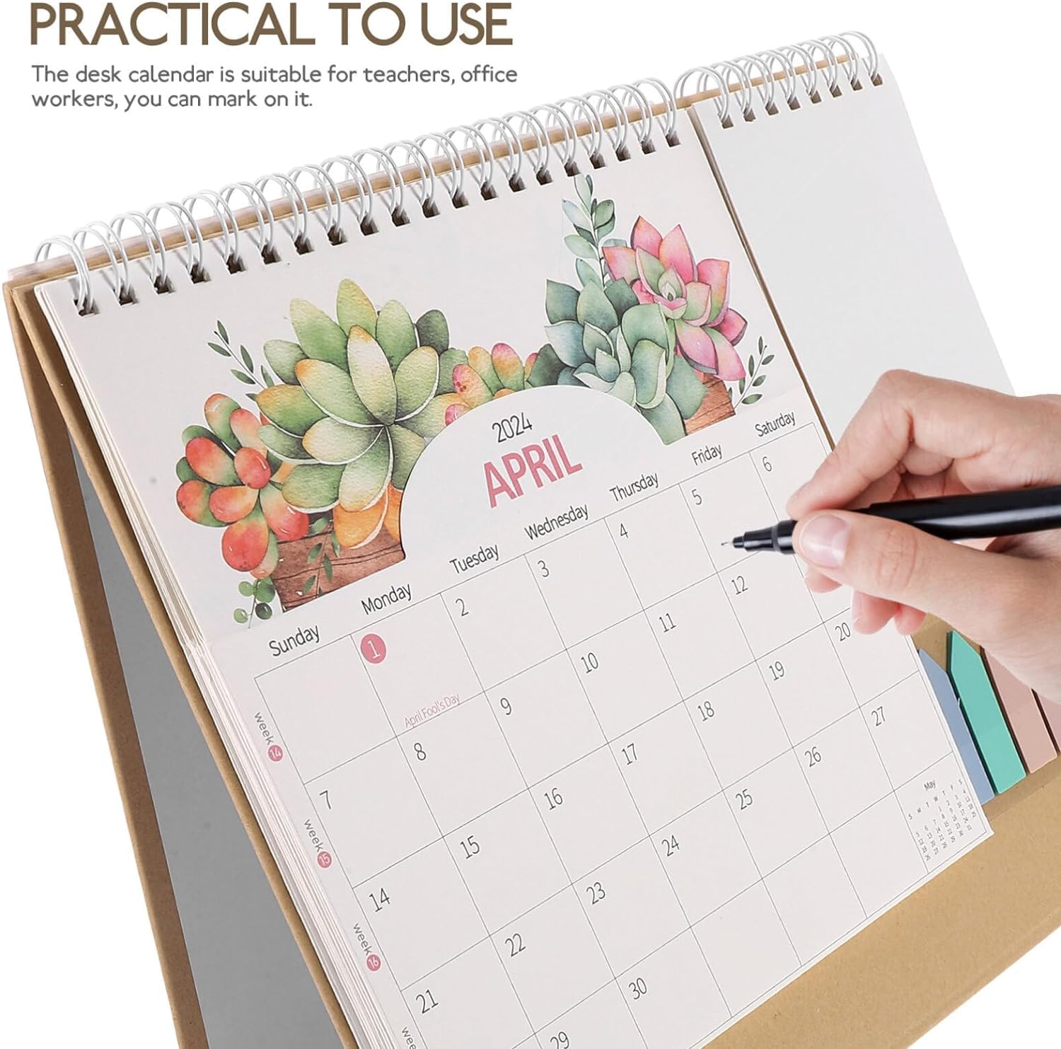 Großer Tischkalender 2024, 3D-Kalender, Tischkalender 2024 mit Index-Tabs, stehender Flip, 12 Monate Tischkalender - Januar 2024 - Dez. 2024 Stand-Up-Kalender, Planer für Heimbüro-Dekor (Farbe: On