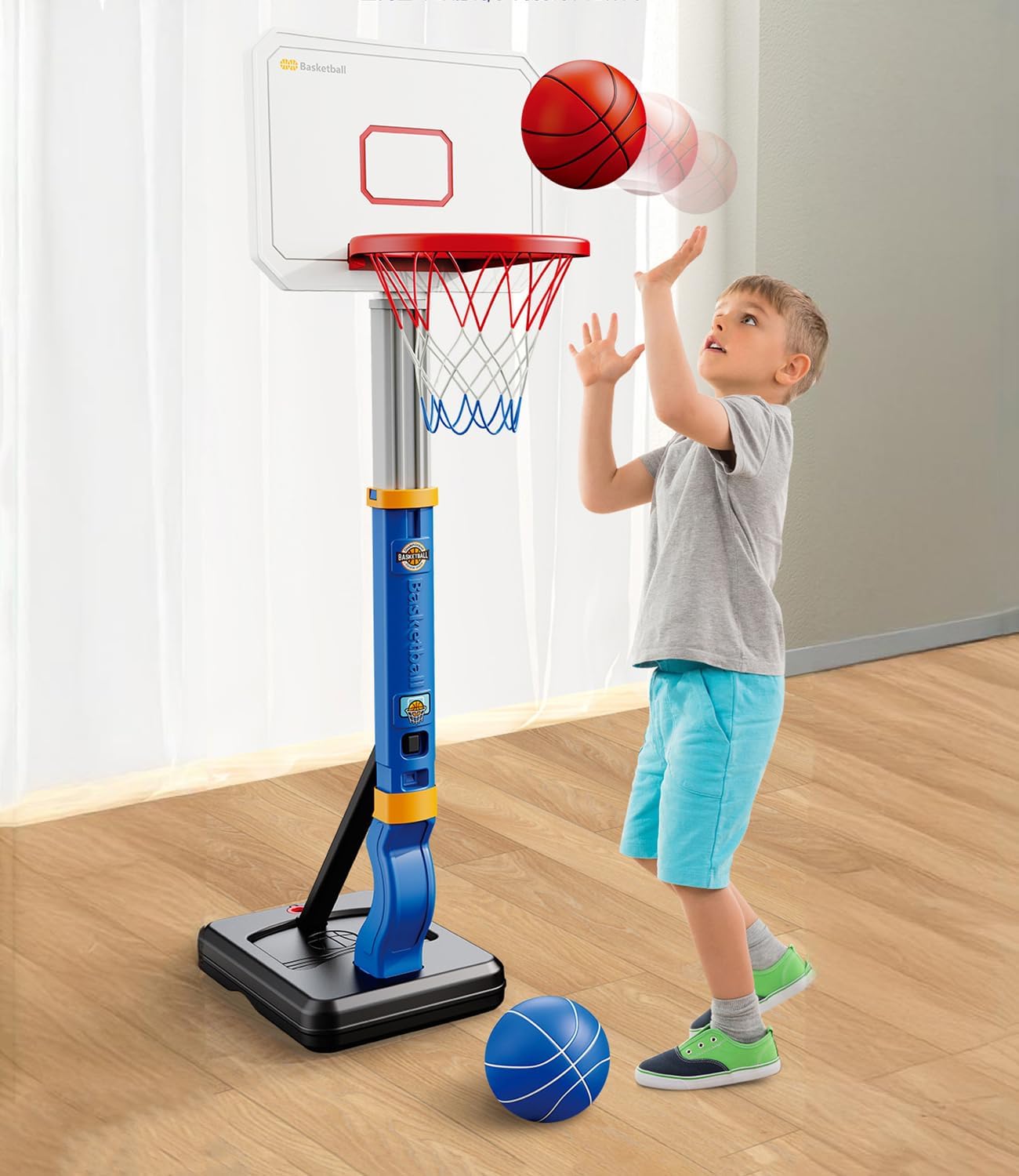 Kids Basketball Hoop for Age 3 4 5 6, Adjustable Basketball Hoop with 4 Balls for Indoor Outdoor Play, Toddler Swimming Poolside Basketball Goal for Pool Basketball Toy for Boys Girls, Blue