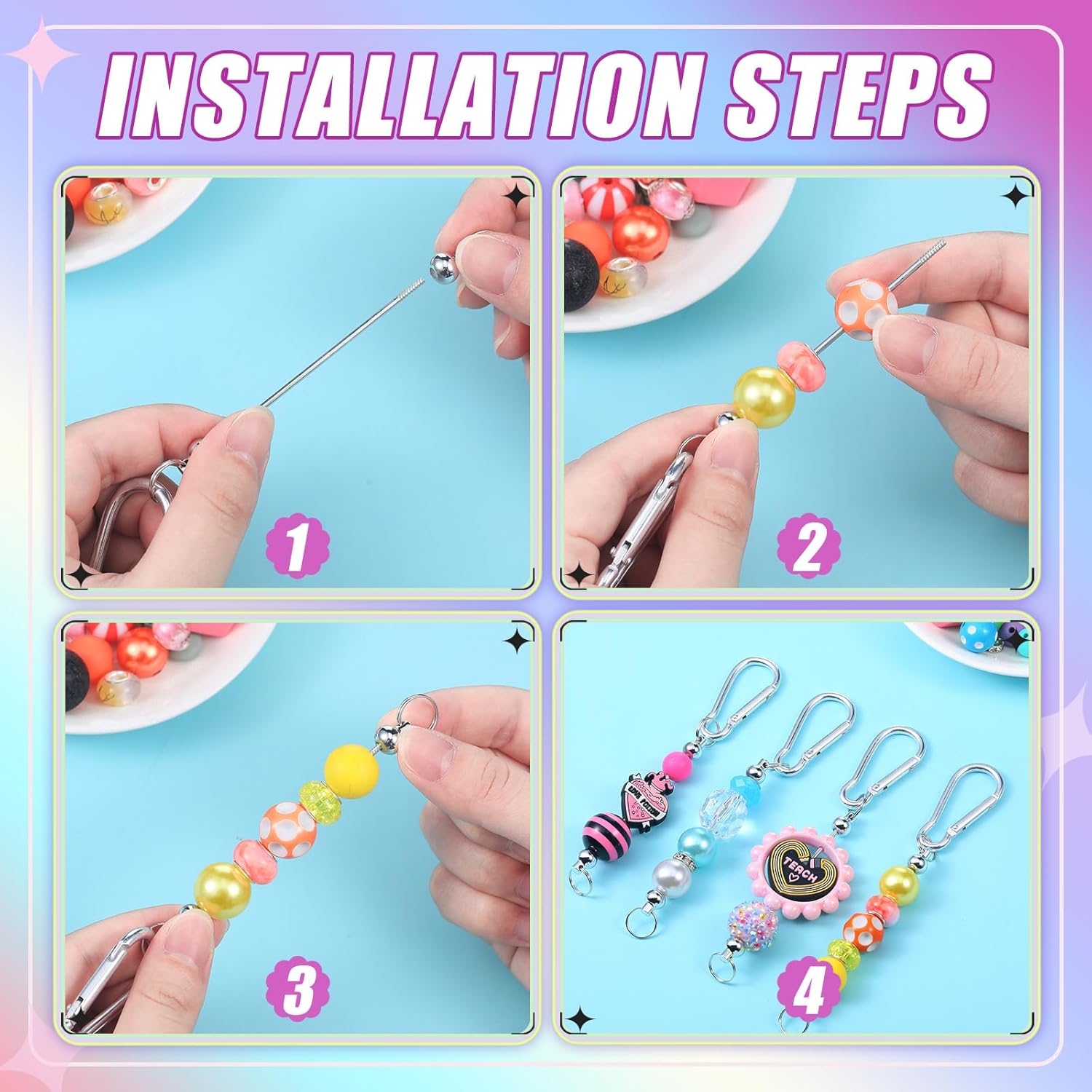 Dunzoom 12 Pieces Beadable Keychain Bars Bulk Key Chain Making Kit DIY Blank Bead Keychain Creative Silver Snap Hook Accessories for Purse Keychains DIY Jewelry Gift - Image 4