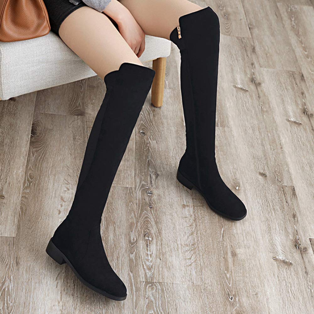 CUTEHEELS Damen Overknee Stiefel Blockabsatz 3cm Reißverschluss Runde Zehe