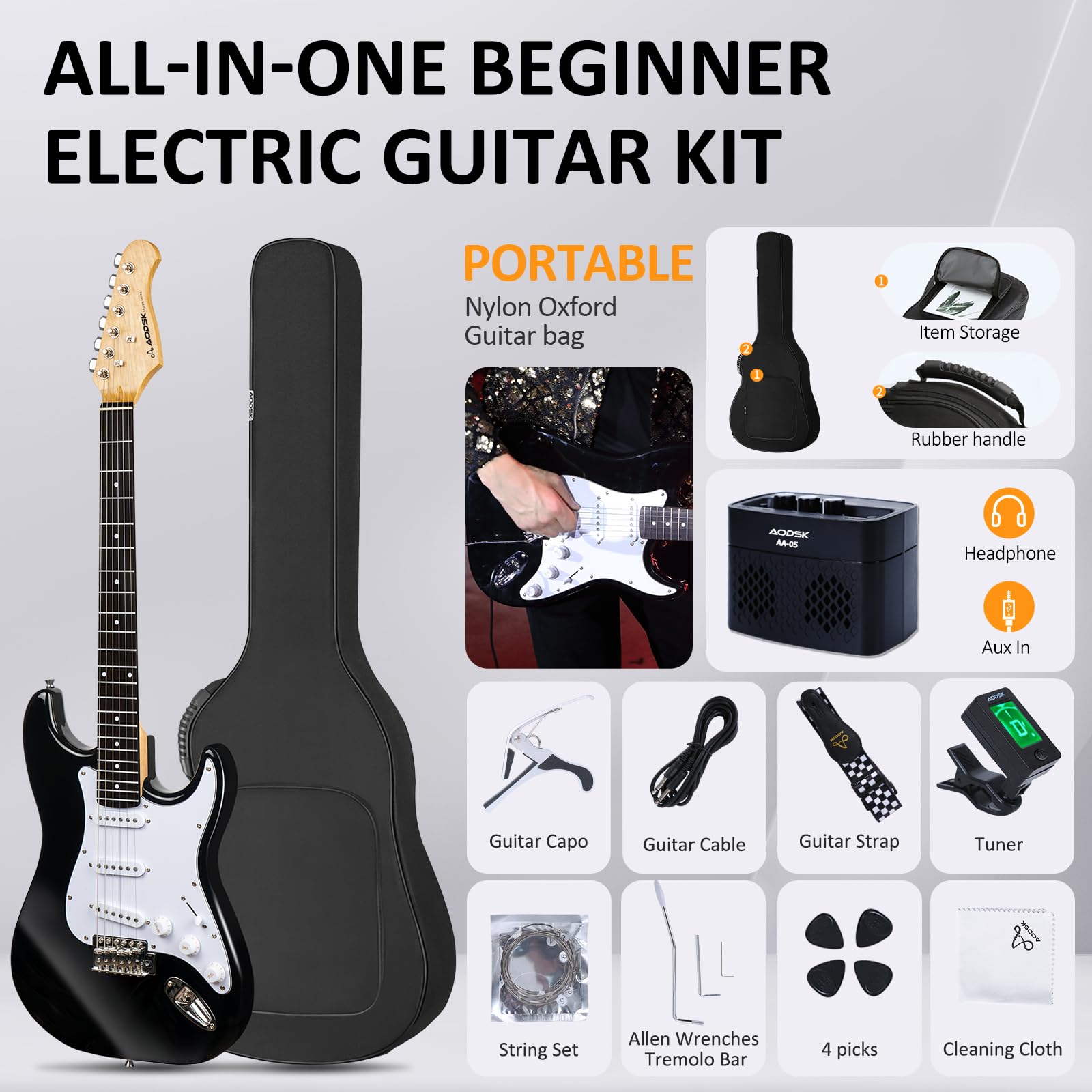 AODSK Electric Guitar with Amp Beginner Kit 39 Inch Solid Body Full Size,SSS Pick Up,All Accessories,Digital Tuner,Six Strings,Four Picks,Tremolo Bar,Strap,Gig Bag,Starter kit Full Size-Black