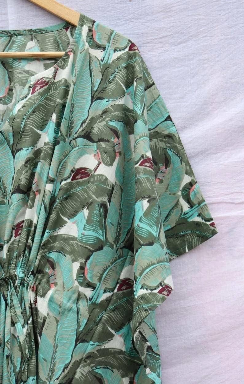 INDACORIFIE Cotton Leaf Print Women Kaftan, 100% Cotton Light Weight Summer Kaftan, Beach wear Dress, Long Maxi Gown Nightwear
