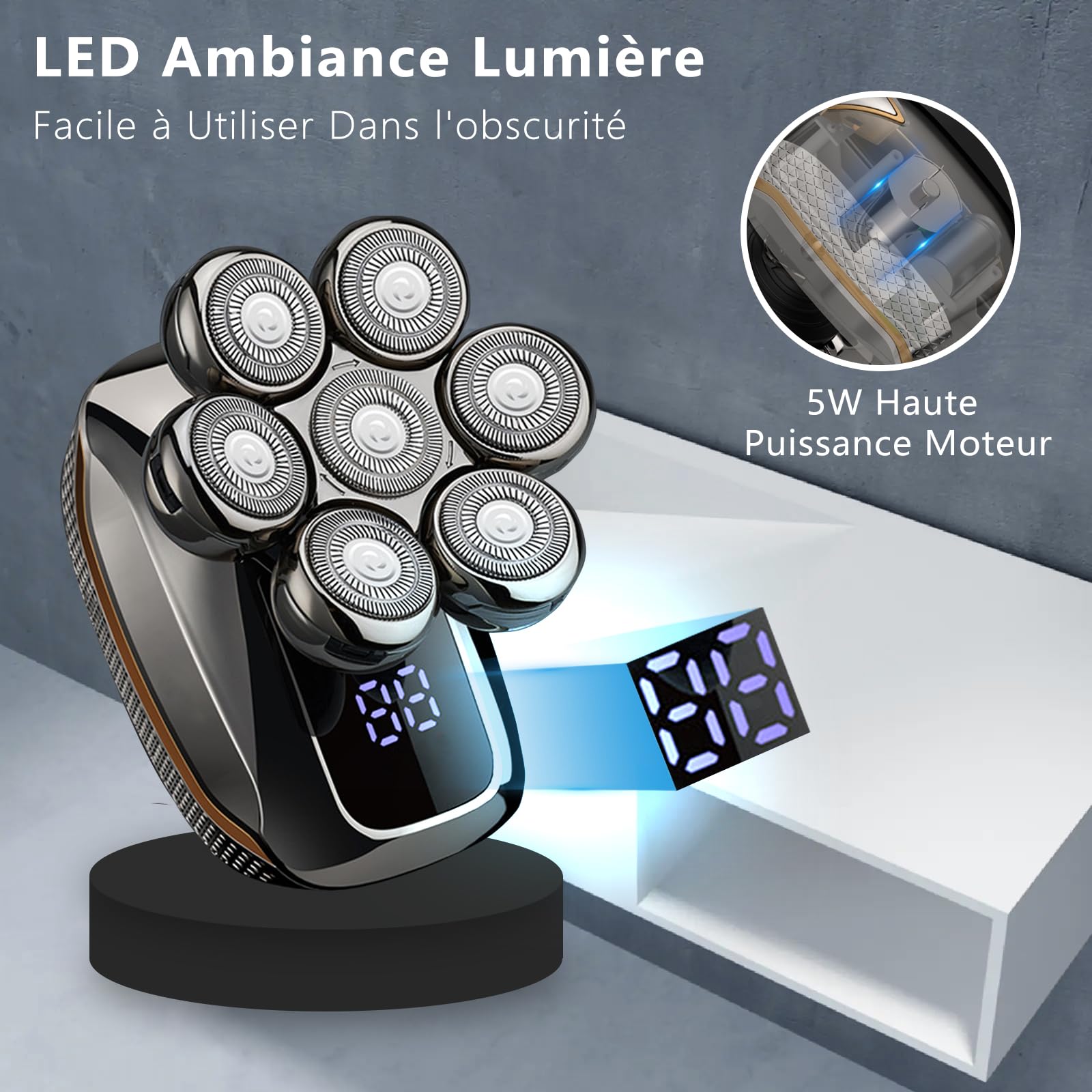 Rasoir Electriques Hommes, 5 en 1 Rasoir Crane à Tête Chauve Rotatives USB Rechargeable, Ensemble de Rasoir Chauve Imperméable et à sec Flottant 7D, Rasoir Nez Ave écran LED et Brosse pour le Visage
