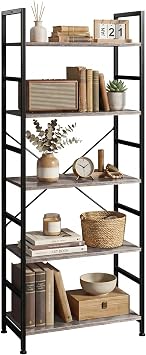 5 Tier Bookshelf, Free Standing Wooden Bookcase with Open Storage Shelves with Metal Frame, Sturdy Shelf Organization Display Rack for Living Room, Bedroom, Home Office, 62.2" Tall, Grey