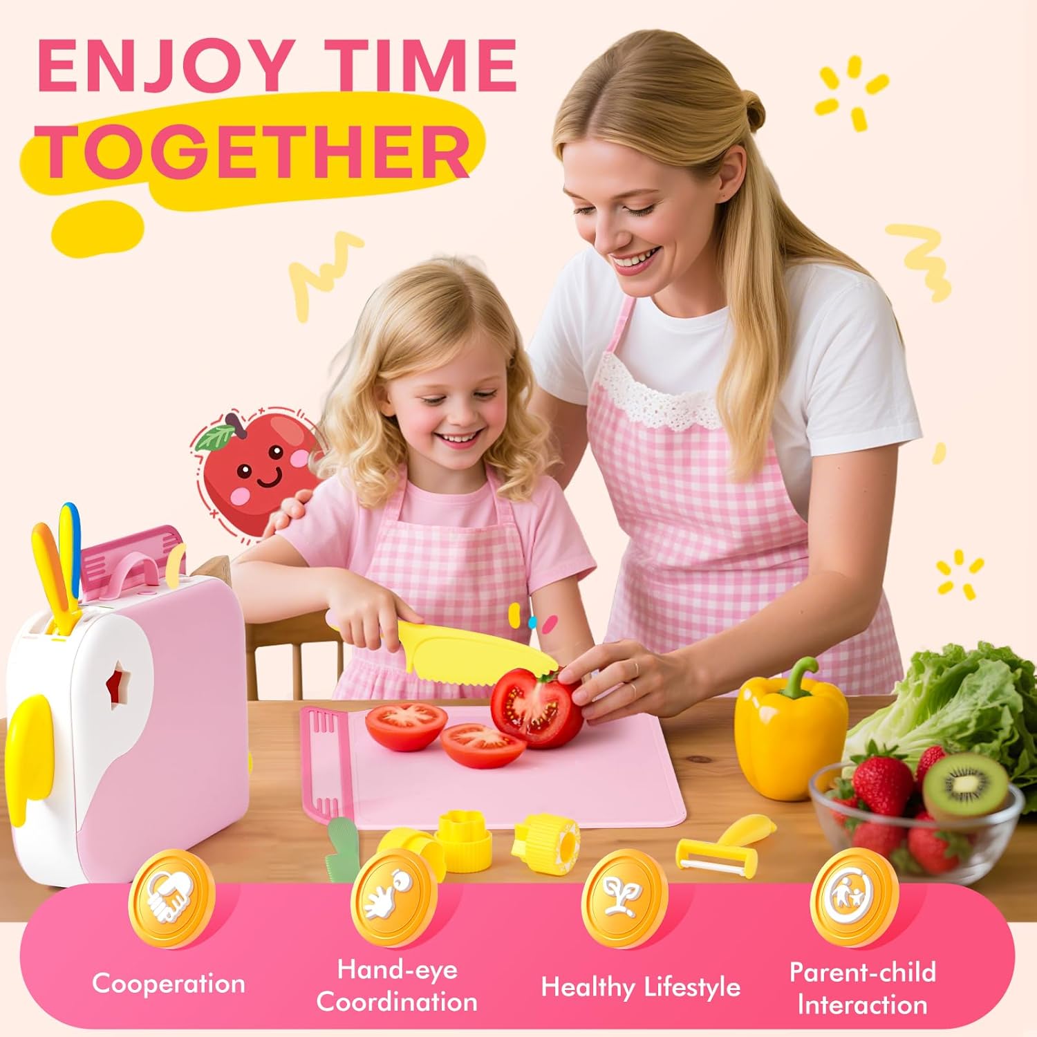 Montessori Kitchen Tools for Toddlers with Storage Box-Girl Cooking Set Real,Safe PP Material Toddler Kitchen Tools for Real Cooking,Dishwasher Safe,Pink Fun Bird-Shaped Organizer Toddler Knife Set
