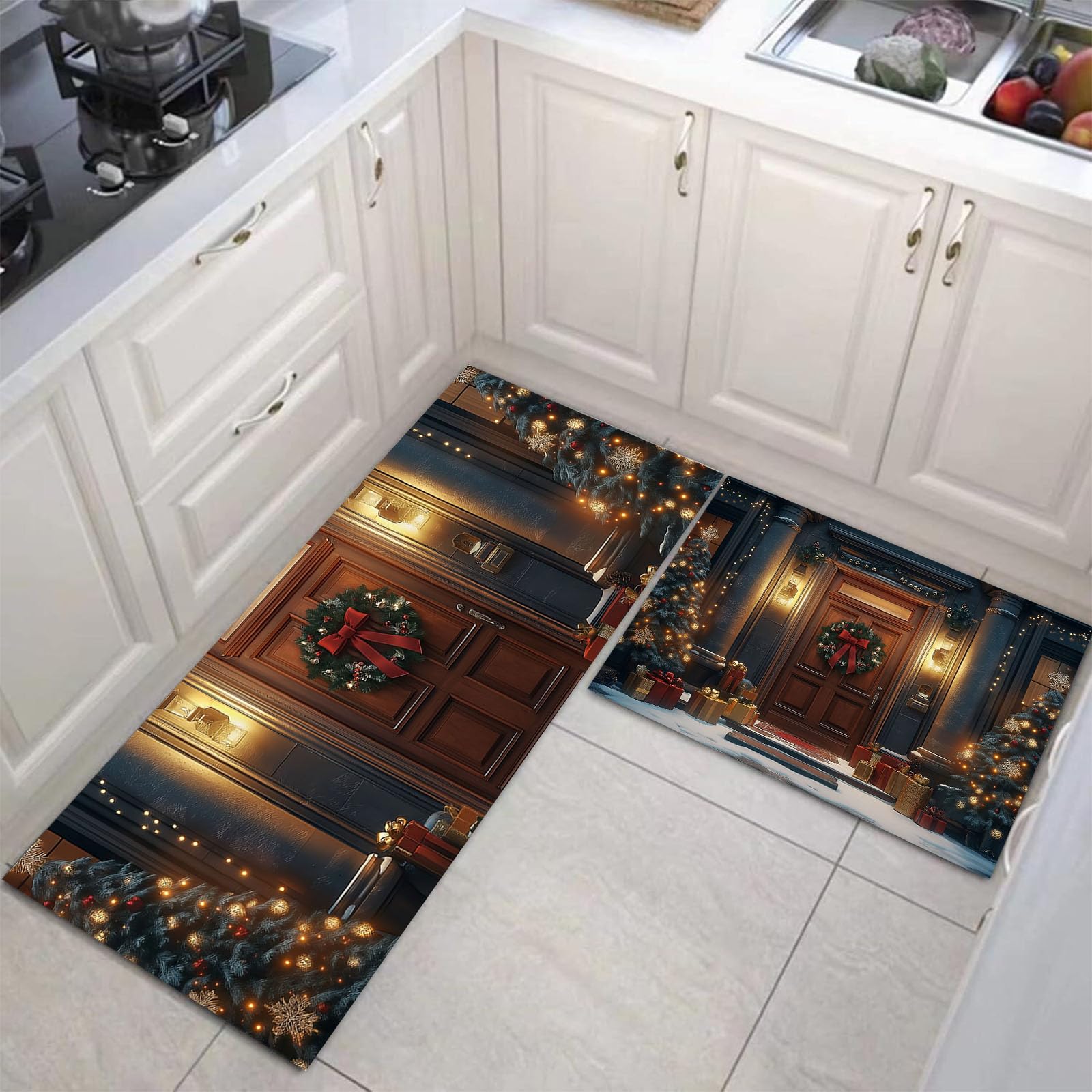 Alfombrilla Navidad puerta y cocina antideslizante, juego de tapetes azul-marrón