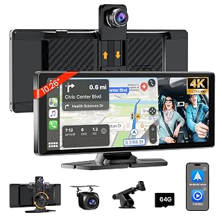 10.26" HD Carplay Screen for Car Stereo, 4K Dash Cam Wireless Portable Touch Screen Car Play with Apple Carplay & Android Auto with 1080P Back Up Camera, Bluetooth, Mirror Link, GPS, AUX+64GB