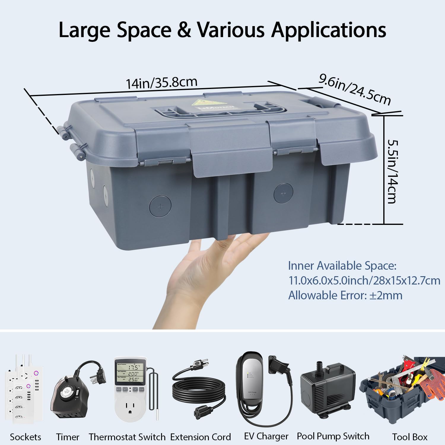 LeMotech Boîte électrique d'extérieur étanche IP55 avec poignée, couvercle de cordon d'extension avec 8 joints de câble, pour prise, minuterie, prise, multiprise, multiprise, gris
