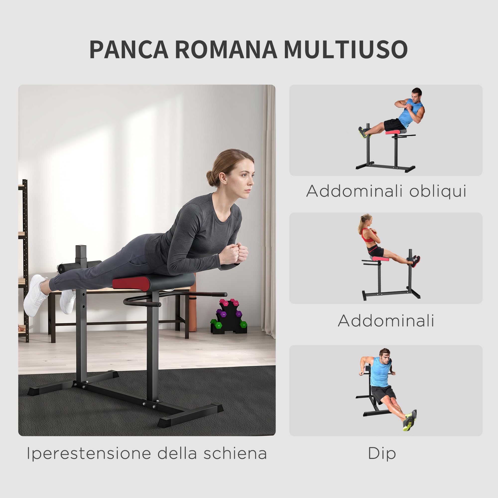 SPORTNOW Panca Romana Regolabile su 6 Posizioni con Maniglie Laterali, Panca per Addominali, Schienale, Fitness e Allenamento in Acciaio e PU, Nero