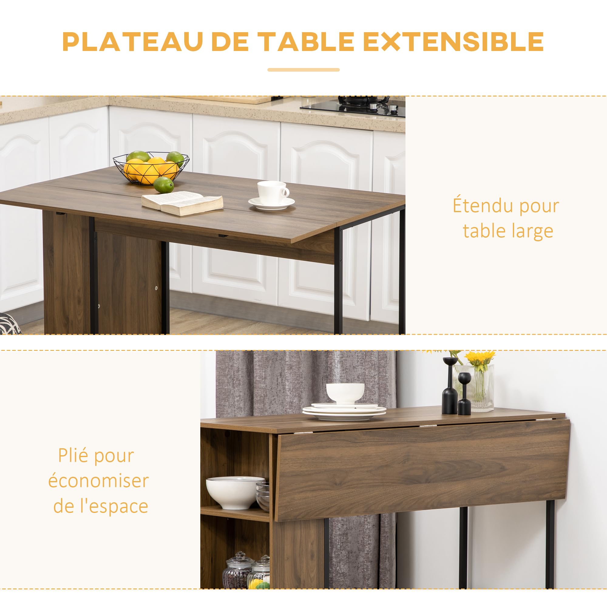 HOMCOM Tavolo da bar con contenitore Tavolo da bistrot Isola centrale con piano laterale pieghevole e 3 ripiani - 120 x 76 x 91,4 cm marrone