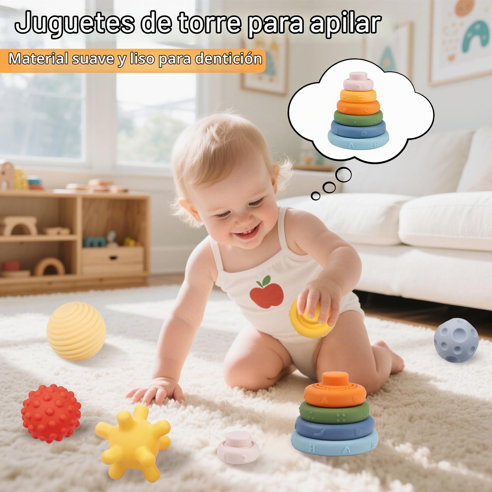 Plunack Montessori Juguetes para Bebés, 24 Piezas Bloques de Construcción Suaves Bolas Sensoriales Mordedores Anillo Juego para apretar y Aprendizaje Educativo Temprano de Juguete para 18+Meses