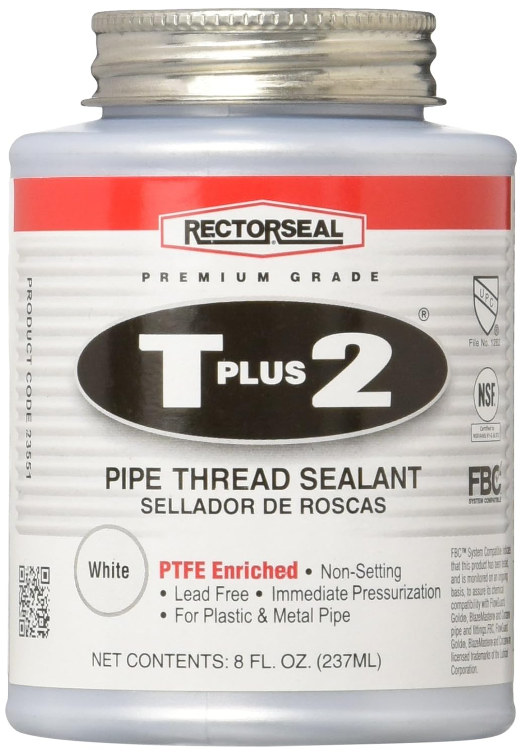 Rectorseal 23551 T Plus 2 Pipe Thread Sealant with PTFE, 1/2 pt Brush