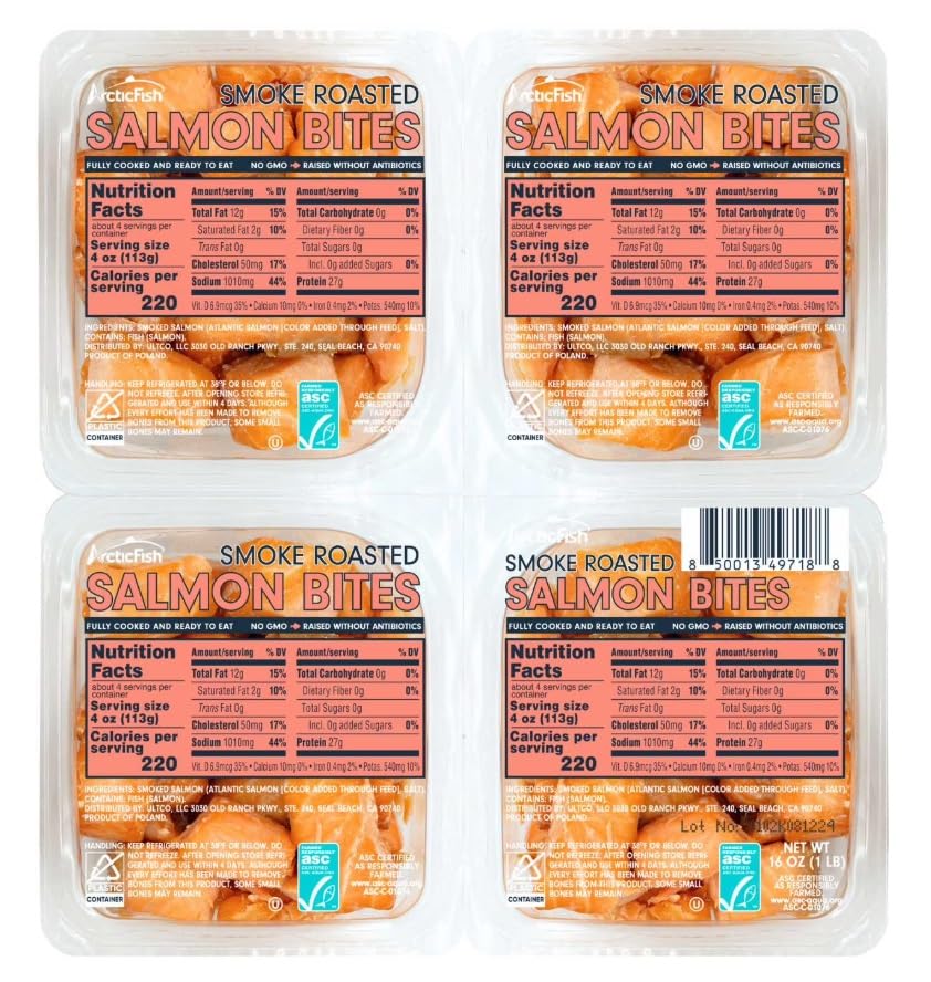Raised Smoke Roasted Salmon Bites , Fully cooked and ready to eat smoke roasted salmon bites , without antibiotics or added GMOs , Serve it on an appetizer board with baguette slices, lemon wedges, capers and fresh vegetables , 14g protein per serving , , 16 oz.