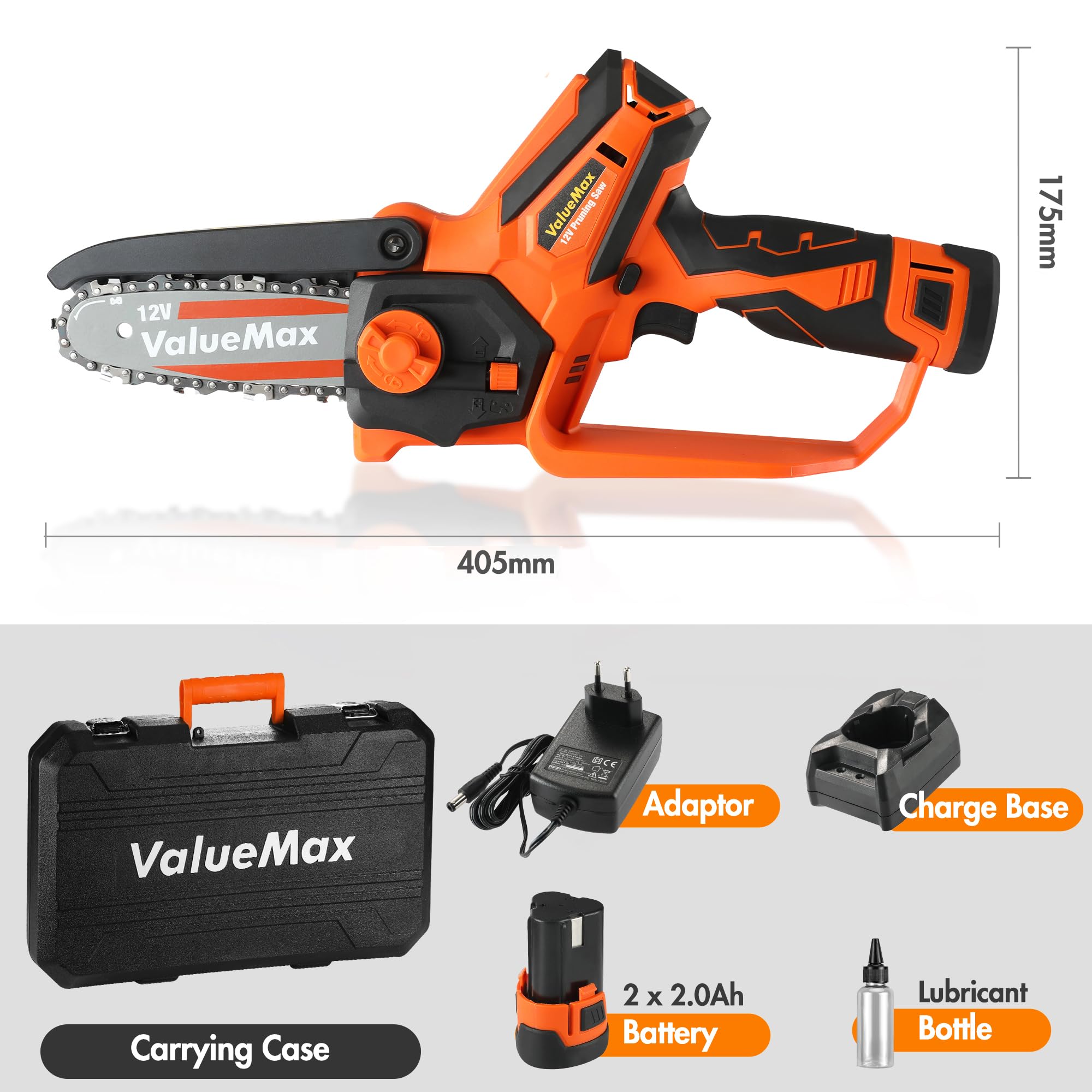 ValueMax Mini Motosierra Inalámbrica 12V, 11cm | Motosierra Portátil con 2 Baterías, Cargador y Bloqueo de Seguridad para Árboles, Ramas y Trabajos de Jardinería