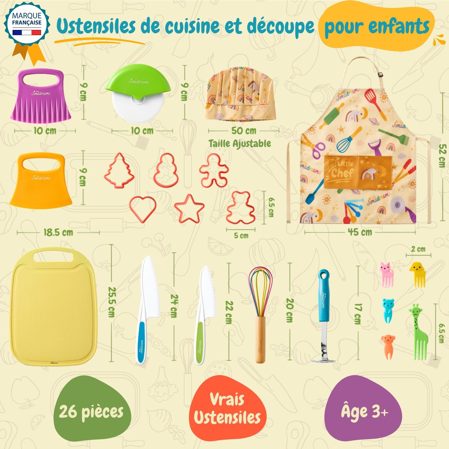 Kit Couteau Cuisine Enfant Montessori avec Tablier et Toque Ajustables - Ustensiles de Cuisine Enfant sans BPA, Set Couteaux Sécurisés, Kit Patisserie, Coffret Cadeau Petit Chef dès 3 Ans