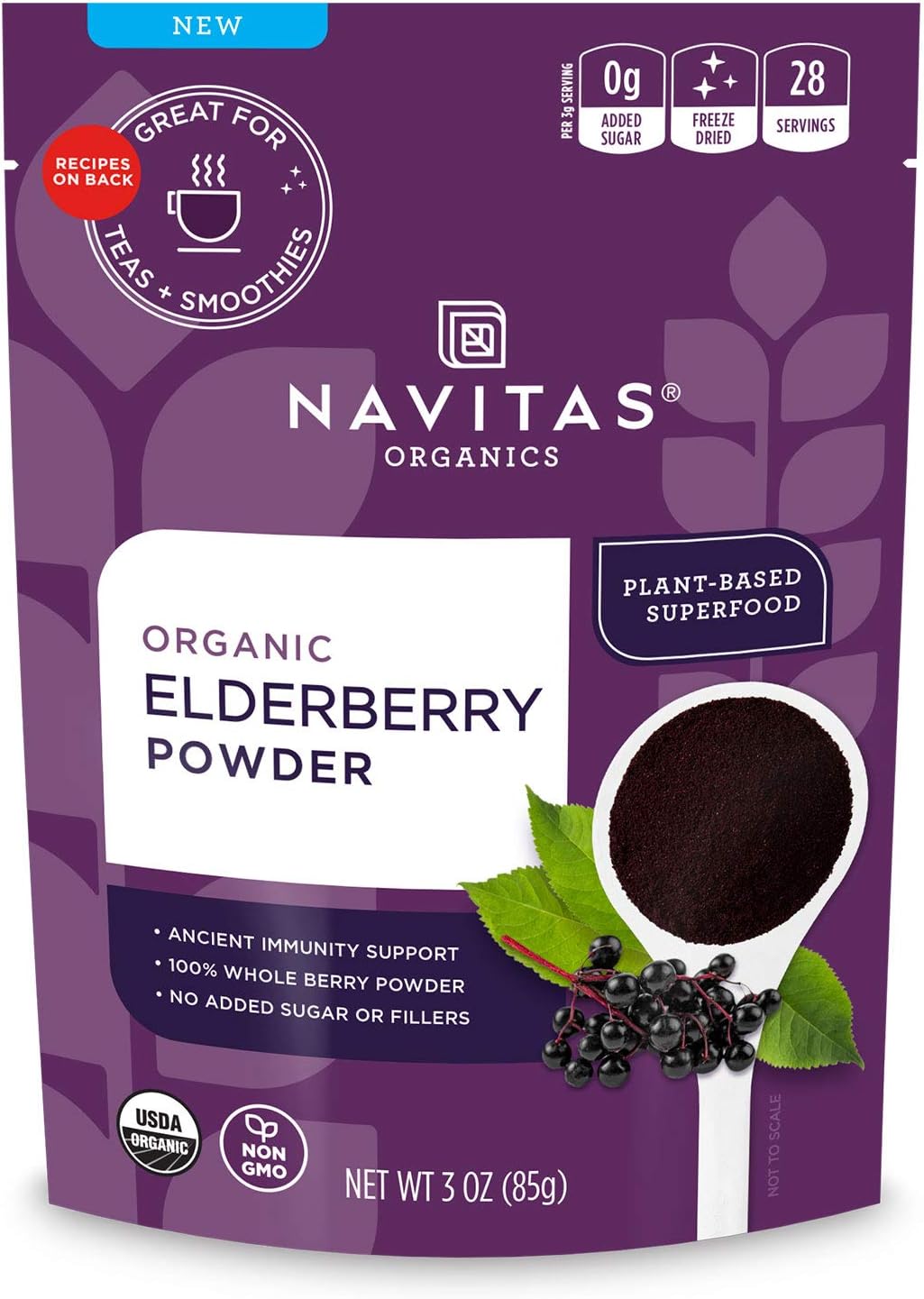 Navitas Organics Elderberry Powder, 3oz Bag, 28 Servings — Organic, Non-GMO, 100% Whole Elderberry Powder for Immune SupportUSDA Organic