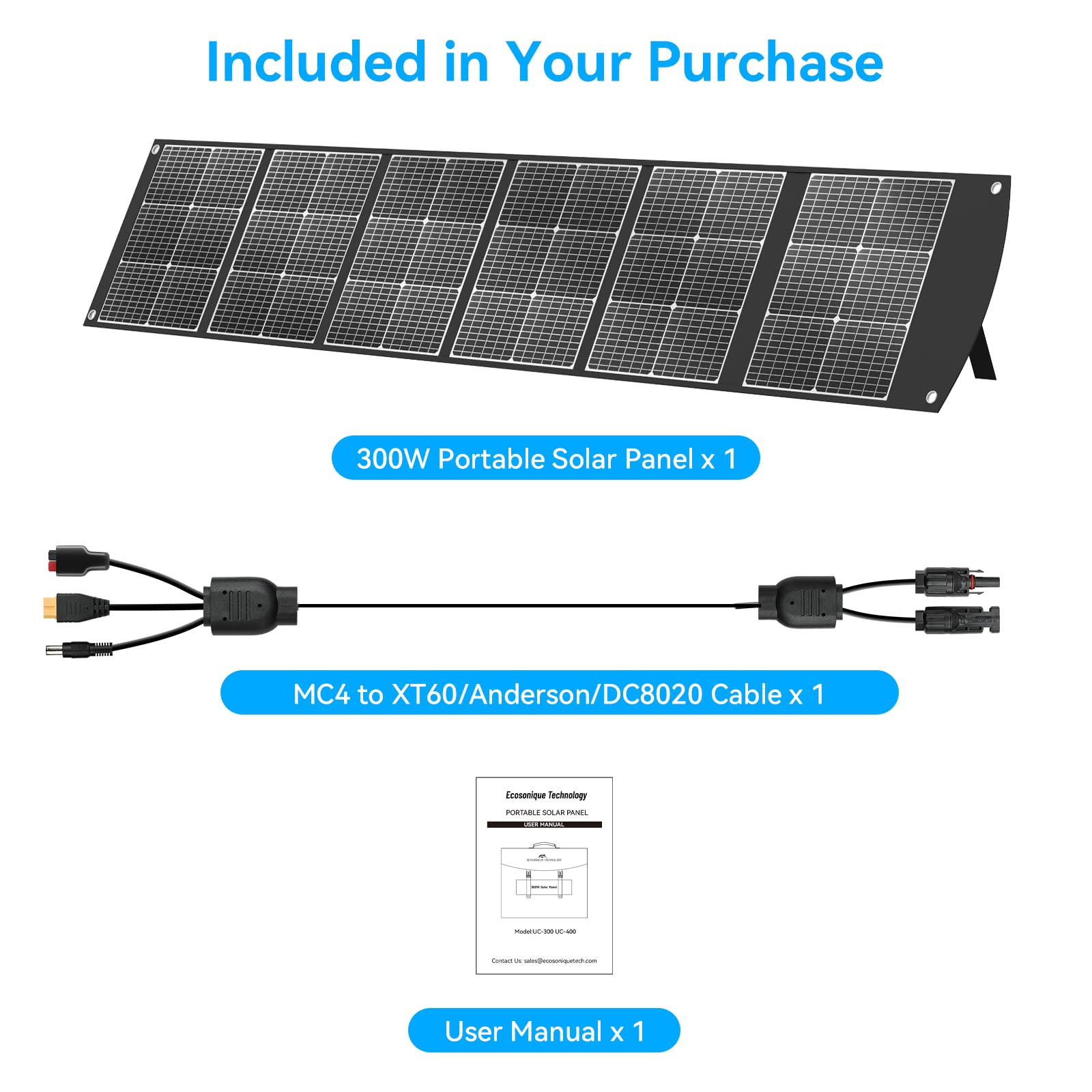 Ecosonique - Panel solar plegable portátil de 300 W 40 V MC4 para centrales eléctricas | Maleta solar ligera con soportes, salida múltiple para generadores solares, caravanas, camping y uso al aire libre