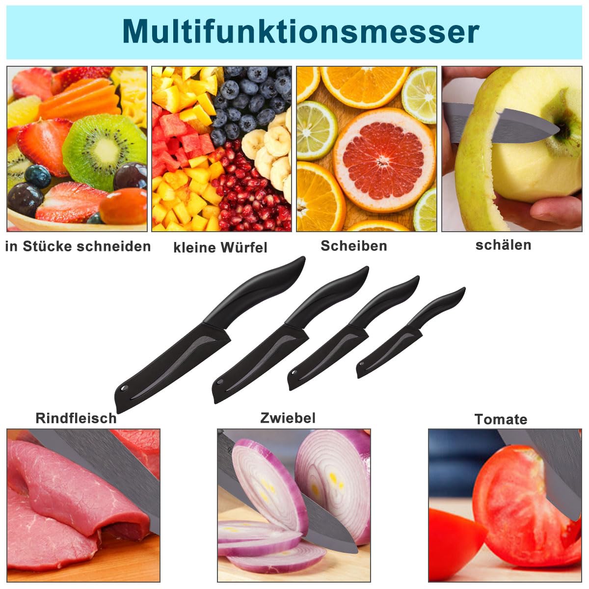 Coltello in ceramica da cucina – 4 coltelli in ceramica (6" Chef, 5" Utility, 4" Frutta, 3" sbucciata), taglienti, coperture protettive, non arrugginiscono, nero