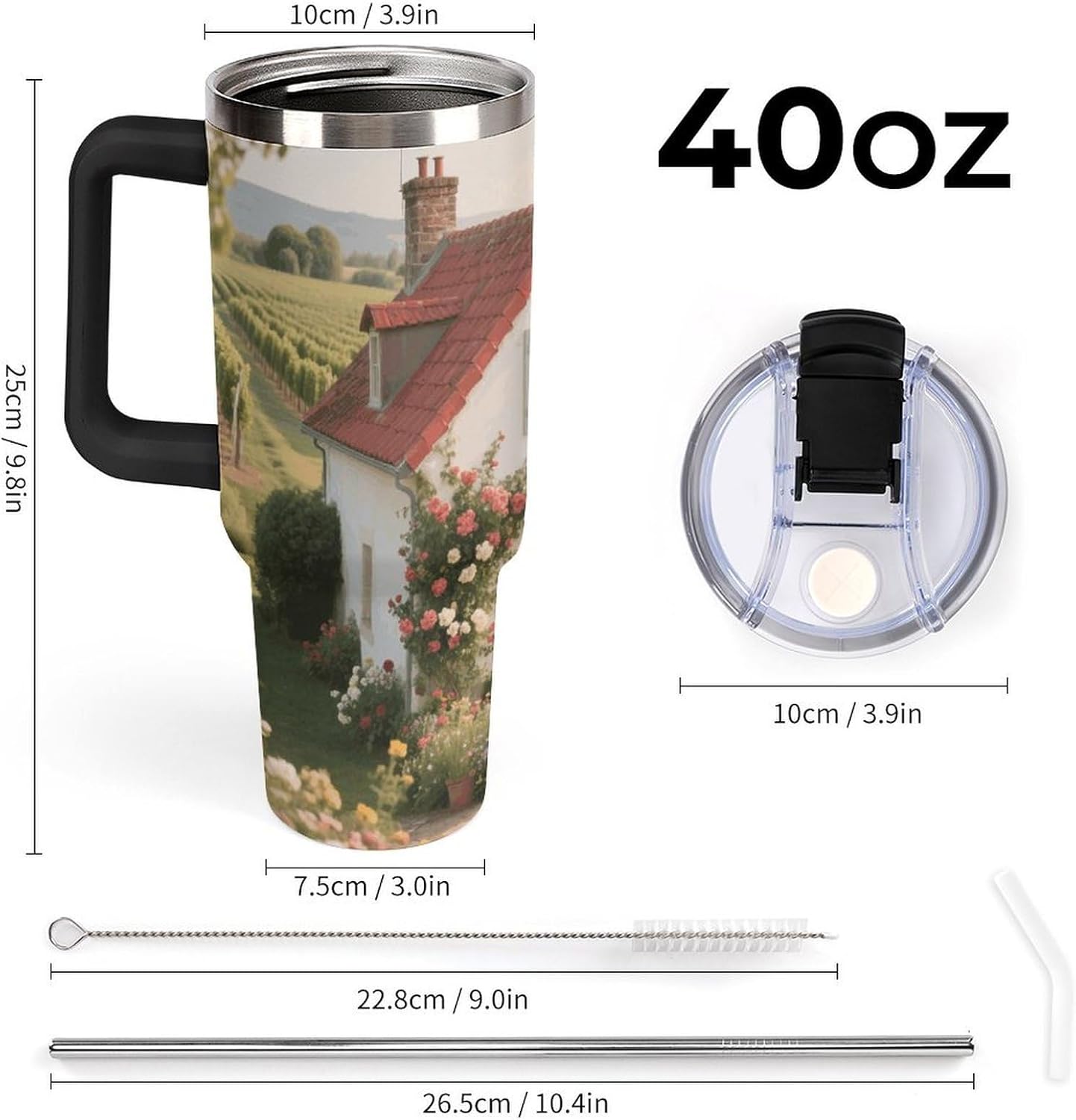 40 Oz Stainless Steel Tumbler with Straw - Leakproof Lid | BPA-Free | Cup Holder Friendly, French Country Coffee Cup Vacuum Insulated Travel Mug for Hot & Cold Drinks