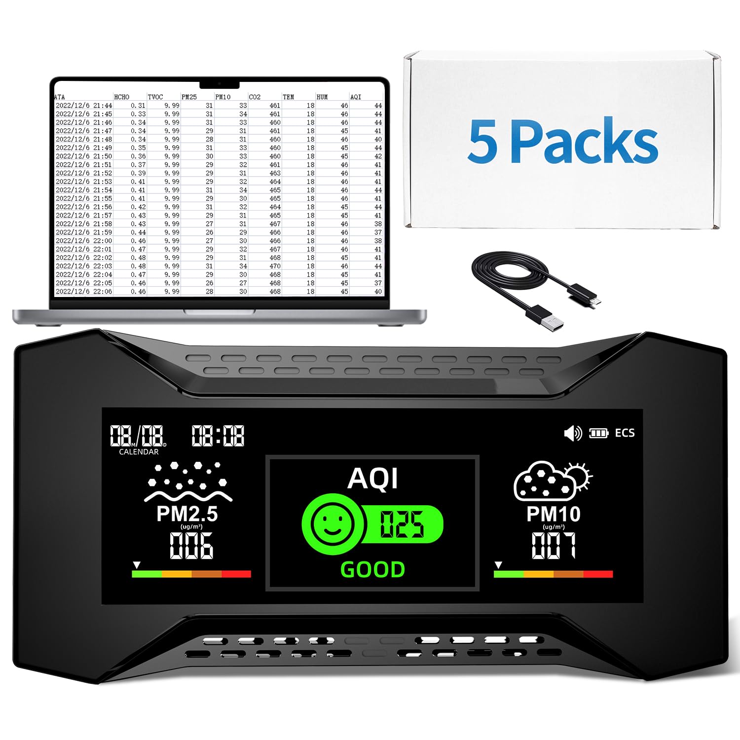 5 Piezas Monitor de Calidad del Aire 10 en 1 con Registro de Datos e informes CSV listos para auditoría. medidor CO2 de Alta precisión, 6 Niveles de AQI de Icon. Ideal para Laboratorios y fábricas