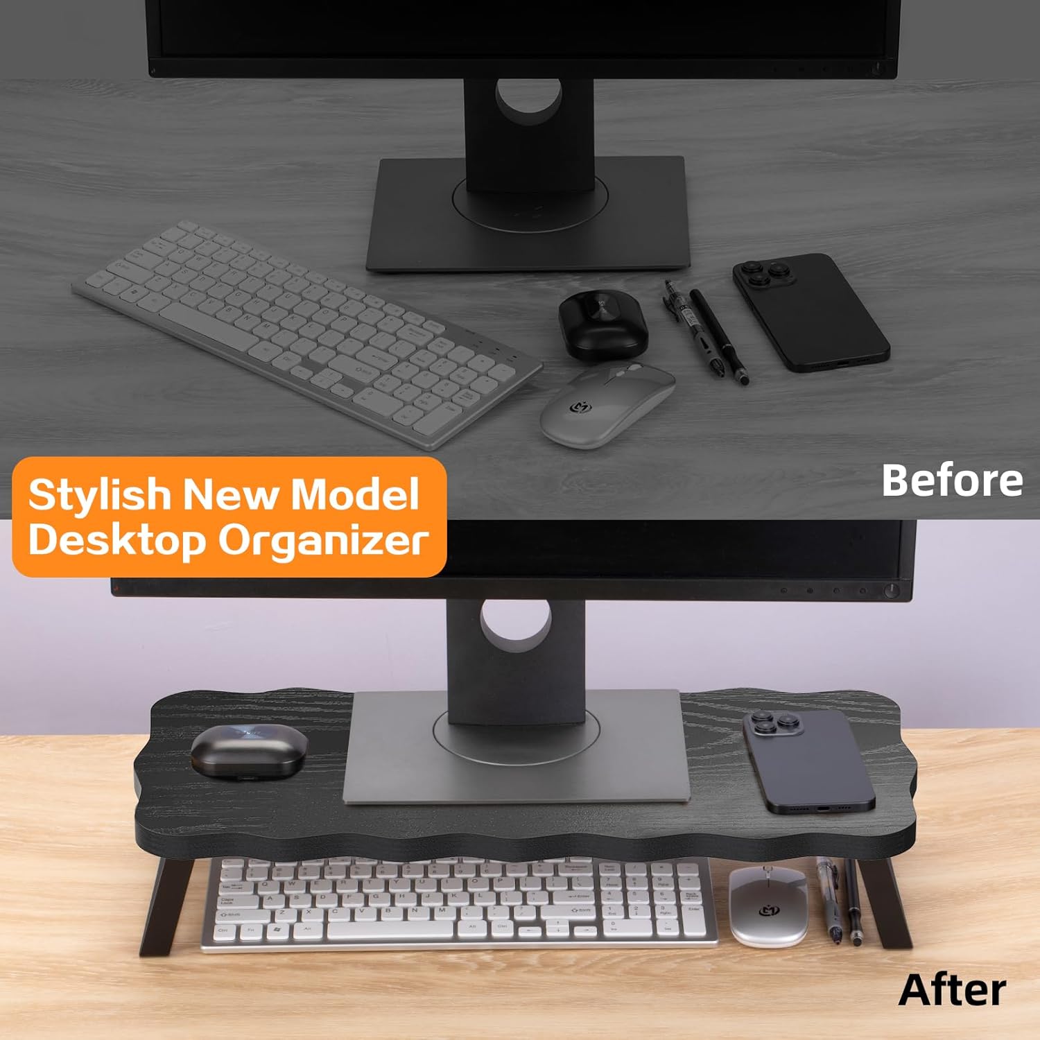 Monitor Stand Riser, Wooden Computer Stand for Desk, Wood and Steel Multi-Purpose Desktop Storage Laptop Riser Desk Shelf for Computer, Laptop, PC, Printer, 21.65 x 9.45 x 3.94 Inch Length (Black/2 Pack) Black 21 inch (2 Pc)