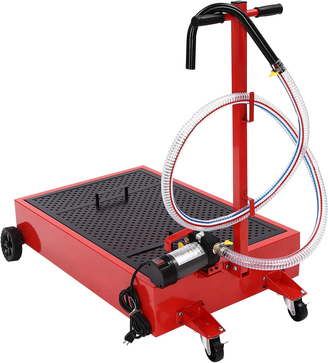 20 Gallon Oil Drain Pan with 110V Electric Pump Low Profile Oil Drain Pan 8Ft Long Hose & Rotatable Handle, 75L Rolling Oil Drain Cart