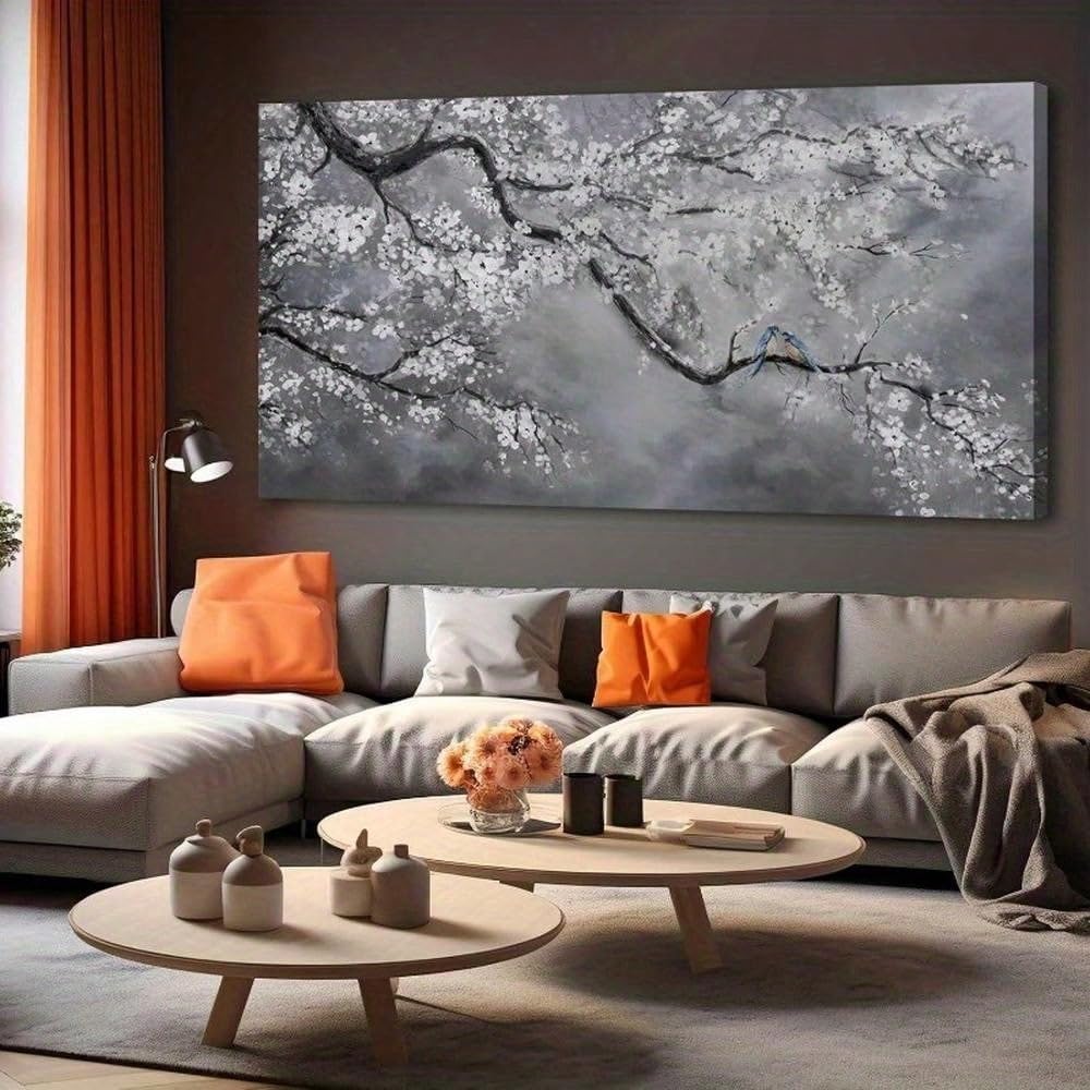 TZKBDMA Large Mural Plum Blossom Canvas Painting Gray Wall Decoration Living Room, Bedroom, Office, Kitchen, Home Decoration(80x160cm/Without frame)