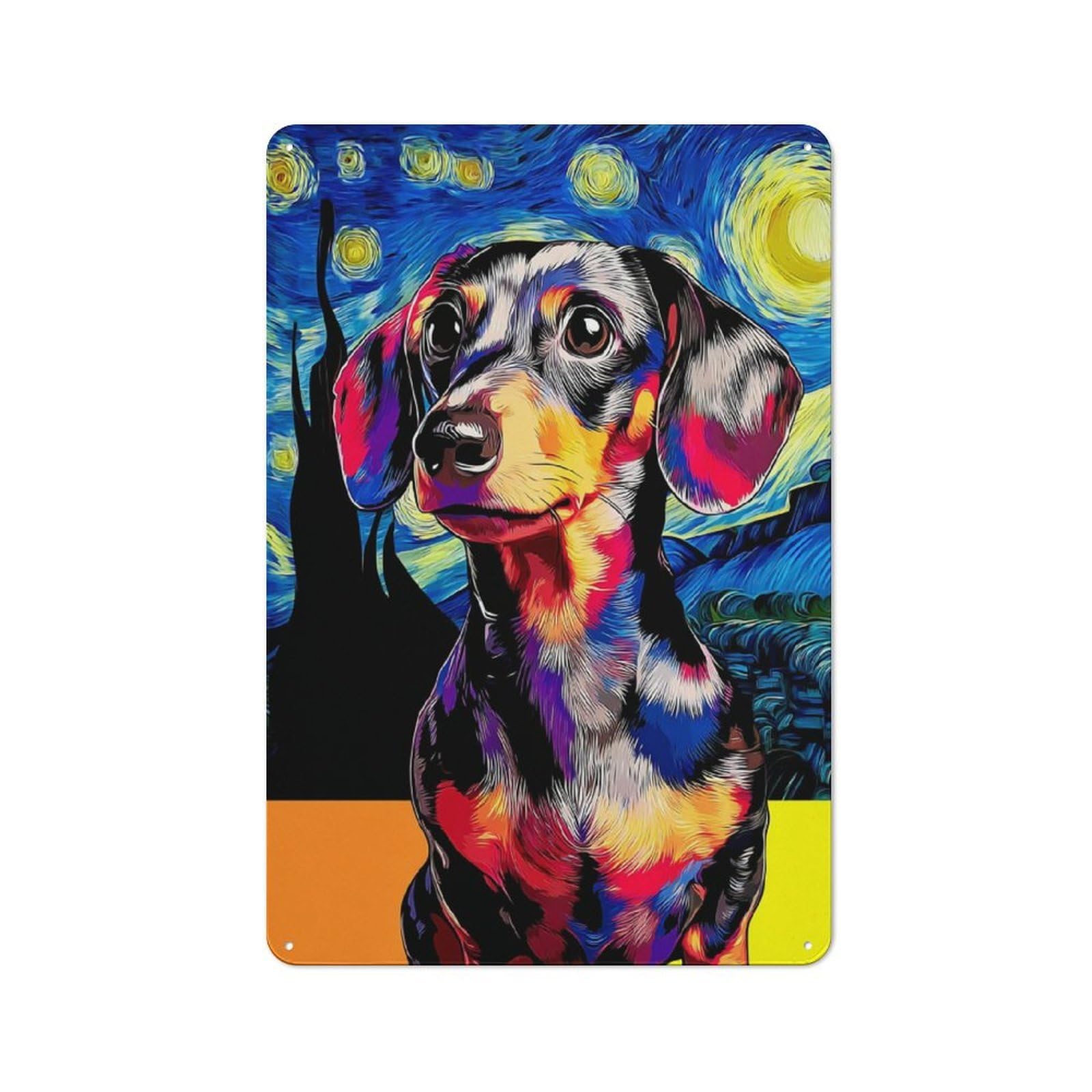 Junmoney Starry Night Dachshund Vibrant Artwork -1 Old Style Metal Wall Decor 30X20cm, Decorative Tin Plaque For Cafe, Pub, Workshop Or Home Bar