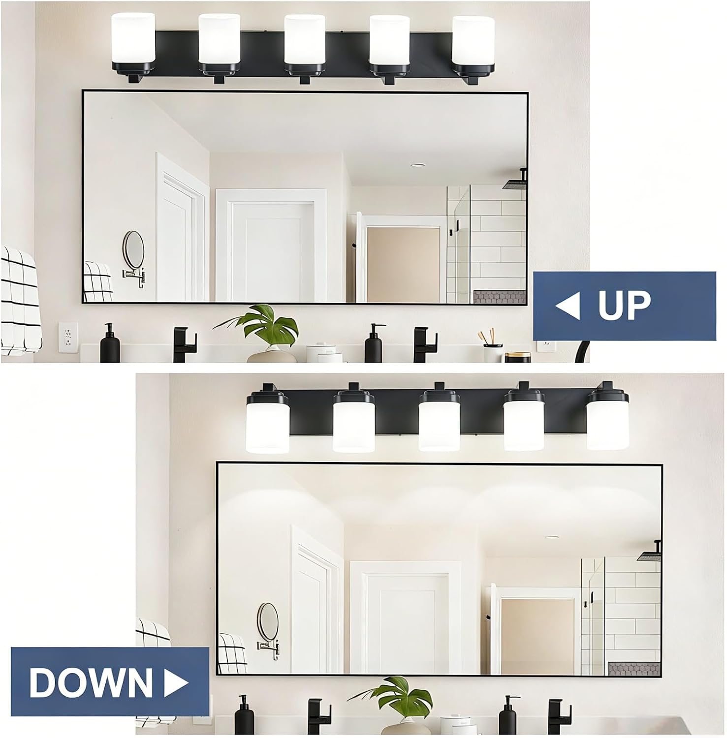 36.5 Inches Bathroom Vanity Light, 5-Light Black Bathroom Light Fixtures Over Mirror, Bathroom Light Shower Lamp with Milky White Square Glass Shade, Modern Farmhouse Lighting Fixtures