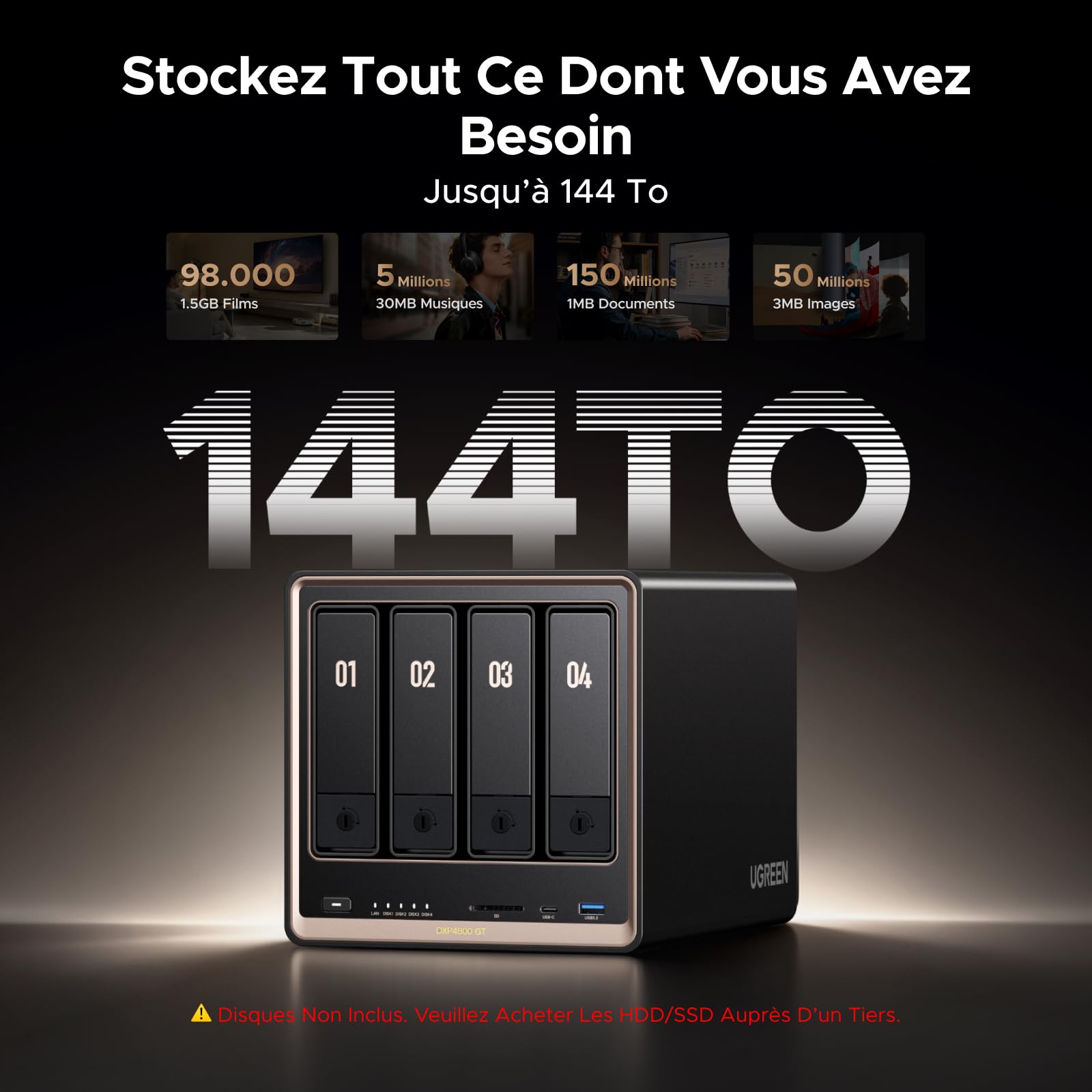 UGREEN NASync DXP4800 GT NAS 4 Baies Double LAN 10GbE AMD Ryzen R2514 8 Go RAM ECC M.2 NVMe HDMI 4K