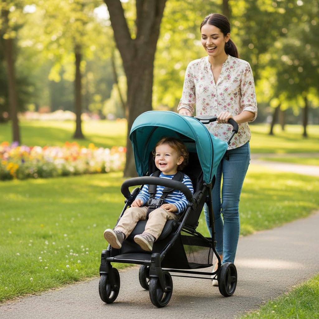 Asalvo CÁDIZ Silla de Paseo Ultraligera para bebé, Carrito de paseo, Respaldo Reclinable, Arnés 5 Puntos, SPF50+, Capota con Ventana, Manejable, Máxima Seguridad, Hasta 17 kg, Petróleo