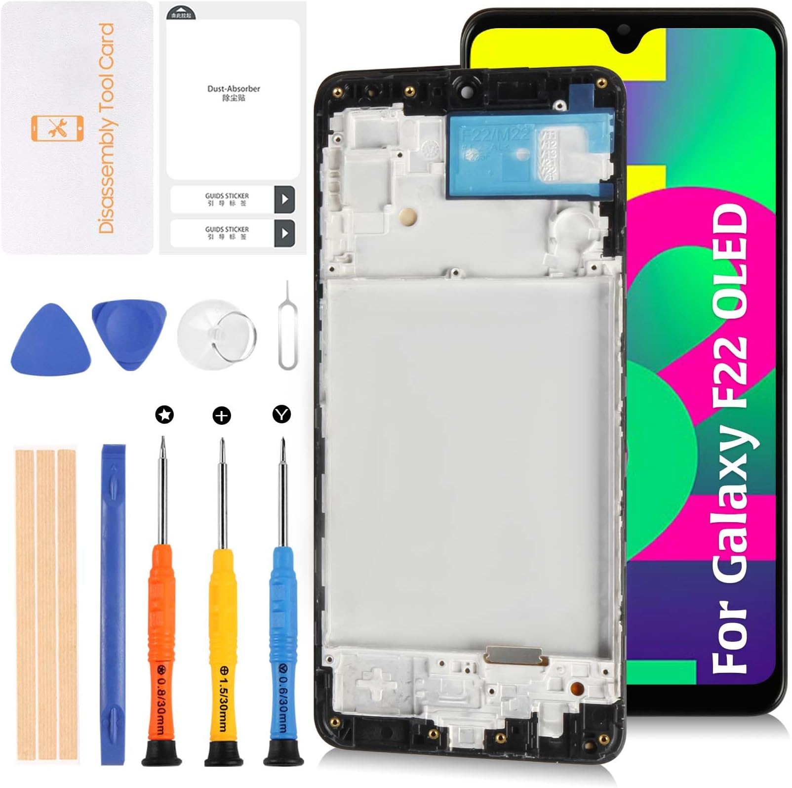 F22 E225F OLED LCD Display +Frame for Samsung Galaxy F22 SM-E225F SM-E225F/DS 6.4" LCD Screen Display Replacement Touch Digitizer Assembly Kit(Denim Black)