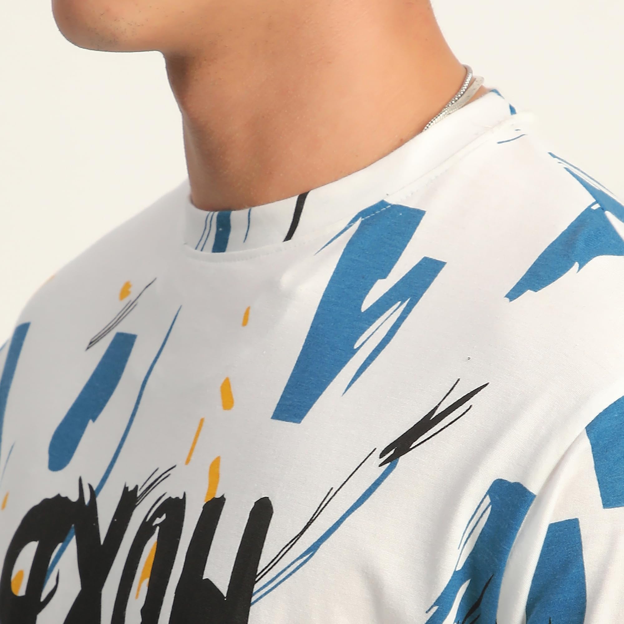THALASI® T-shirt girocollo oversize in puro cotone con stampa su tutta la superficie, bianca, blu e con spalle cadenti, maglietta con maniche lunghe in stile bohémien, per uomini e ragazzi