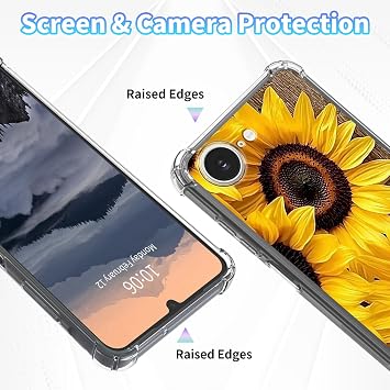 iPhone 16e用スクリーンプロテクター付きスマホケース スリム クリア 女性 女の子 落下保護 柔軟 ソフト TPU 透明 クリスタル 耐衝撃 保護ケース Apple 16E 6.1インチ 2025年用、かわいいひまわり