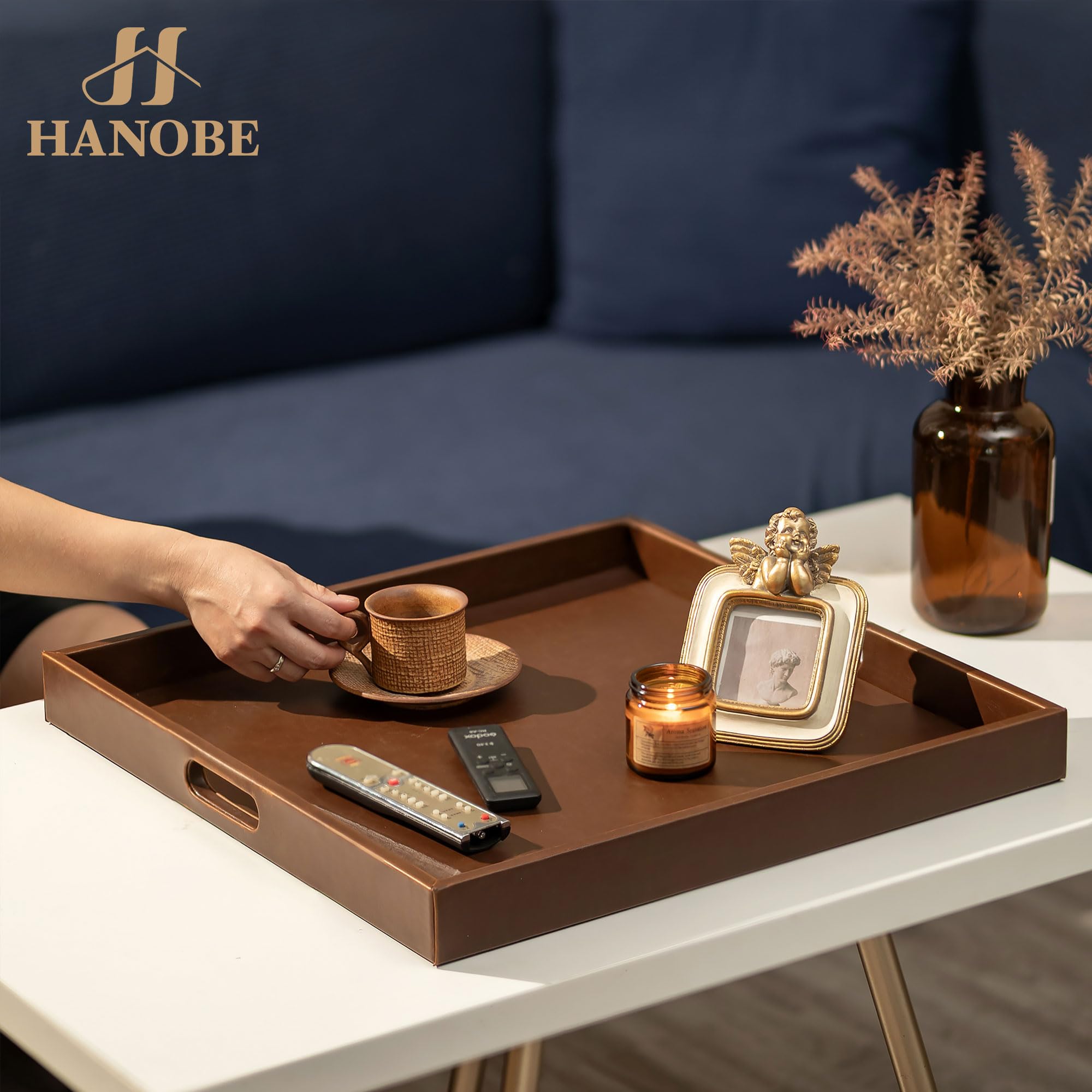 Hanobe Vassoio da portata in legno grande: quadrato ottomano decorativo in pelle con manici per soggiorno – moderno piatto in legno sopra tavolino poggiapiedi extra XXL marrone 50 cm